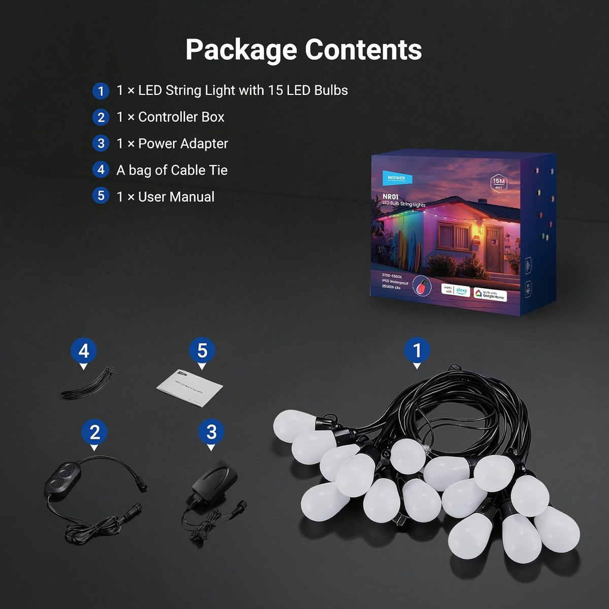 NEEWER 48ft Outdoor String Lights, App Control Smart AI RGBW Hanging, NR01