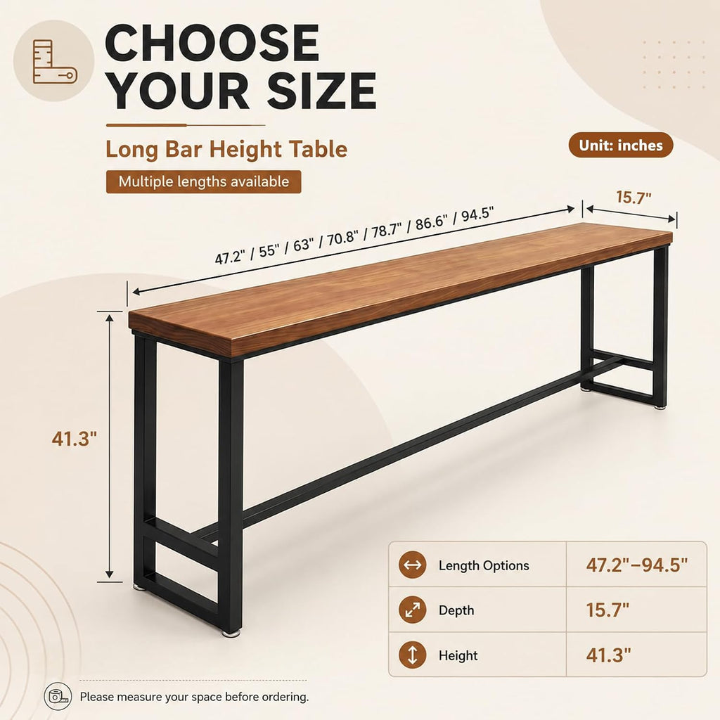 78.7" Solid Wood Bar Height Table, Long Narrow High Top Pub Table