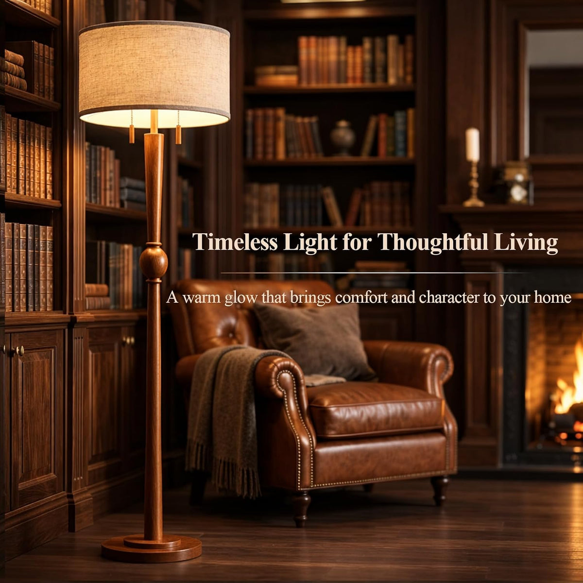 MOFFE Solid Wood Floor Lamp for Living Room with Wooden Pull Chains