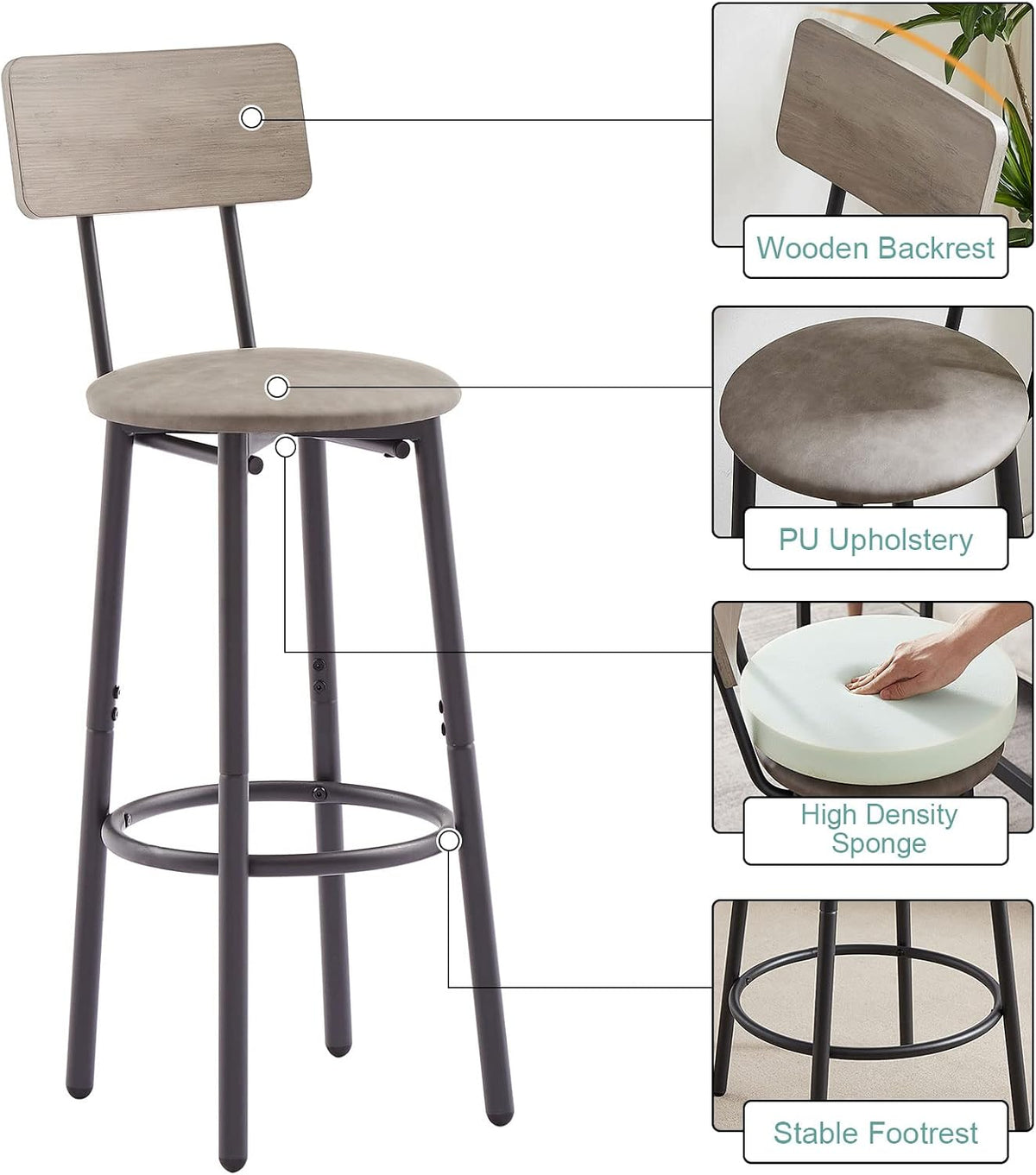 GNIXUU 3 Piece Bar Table Set, 2-Tier Round Pub Dining Set Wooden Bistro Table with 2 PU upholstered Stools Counter Height Kitchen Table Set for Breakfast Nook, Restaurant, Small Space(Grey)