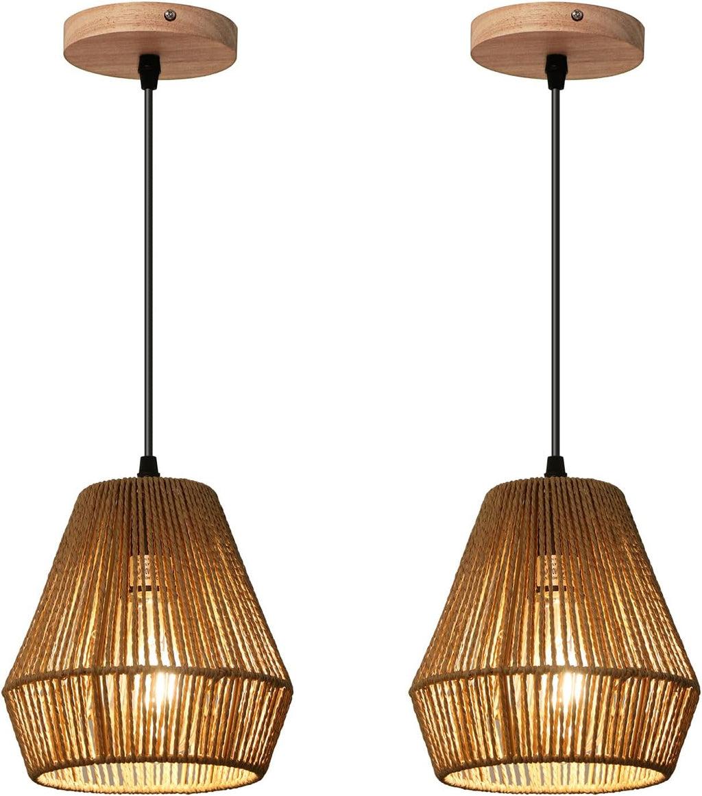 6.7'' Woven Rattan Pendant Light Fixtures, 2 Pack Boho Hanging Light