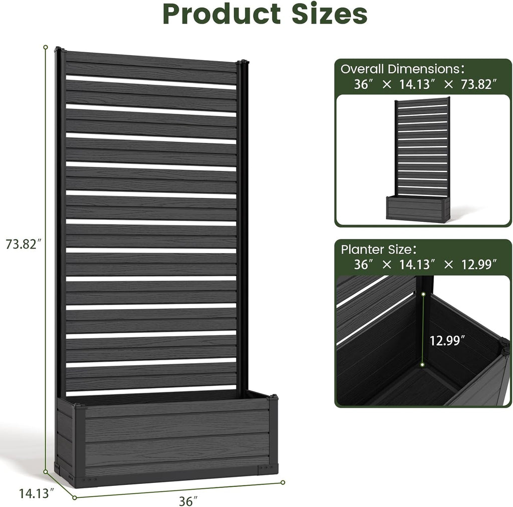 Plastic Raised Garden Bed with Trellis, 73.8"x36"x14" Planter Box for Climbing Plants, Vegetables & Vines,(Black-Louver)