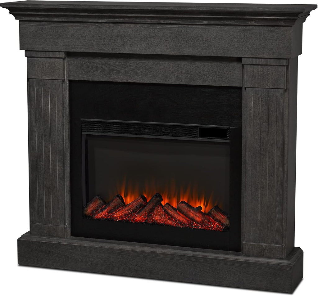 Real Flame Crawford Slim Indoor Electric Fireplace with Mantel for Living Room or Bedroom, Replaceable Fireplace Insert Heater, Realistic Log and Flame Effect, Remote Control, Timer, Gray