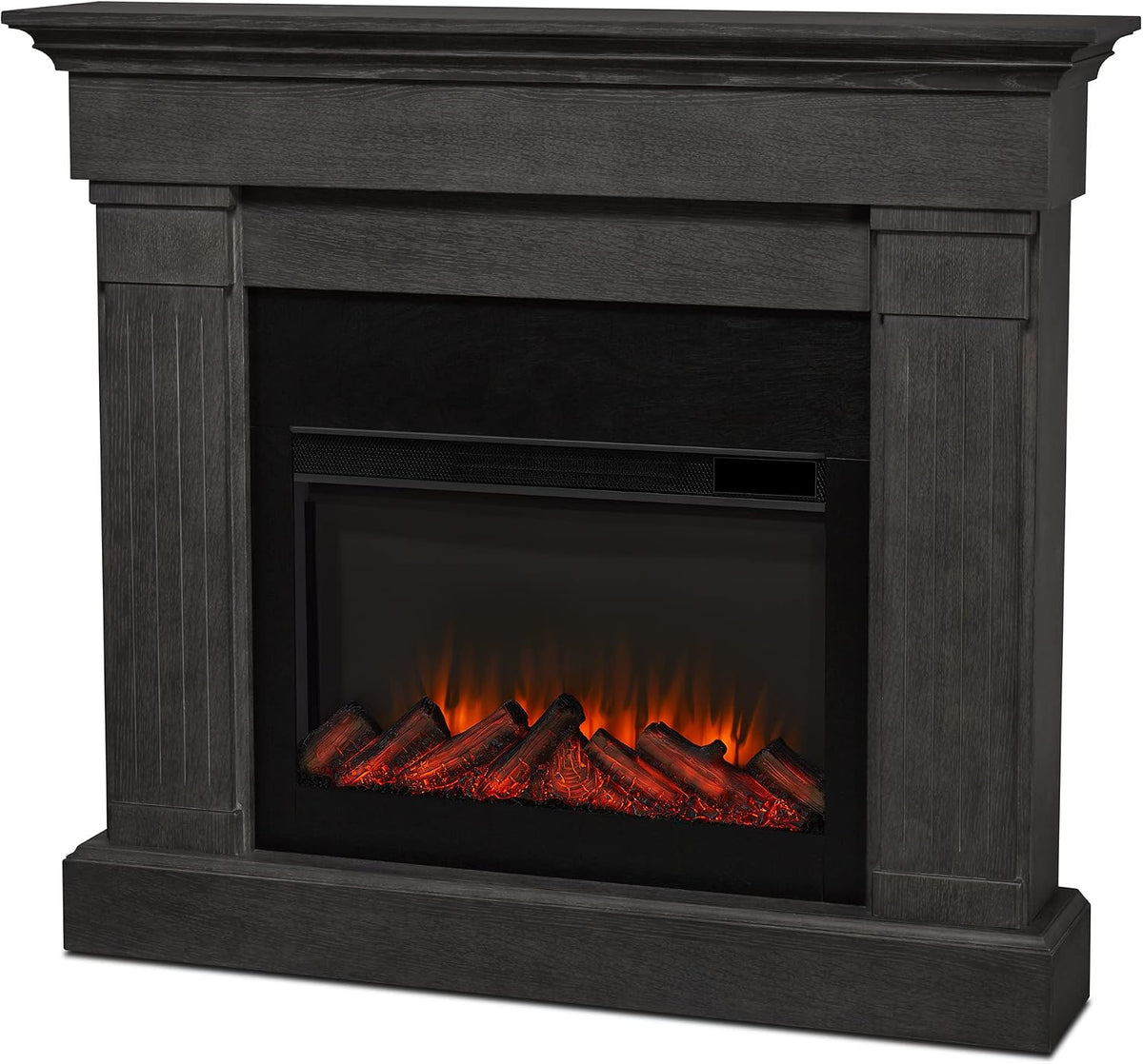 Real Flame Crawford Slim Indoor Electric Fireplace with Mantel for Living Room or Bedroom, Replaceable Fireplace Insert Heater, Realistic Log and Flame Effect, Remote Control, Timer, Gray