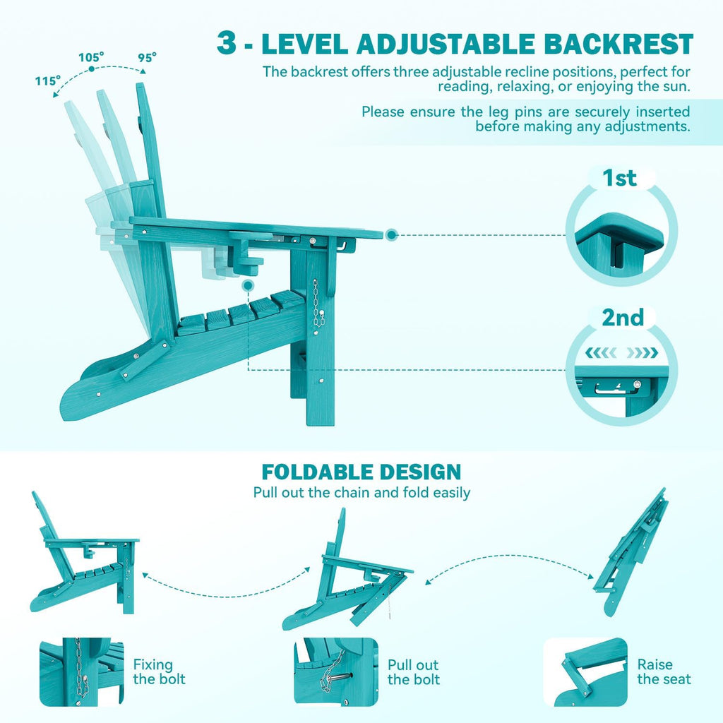 Mdeam HDPE Folding Adirondack Chair, 3-Level 400 lbs Cup Holders,Aruba Blue