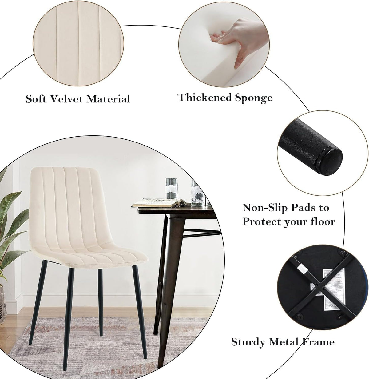 Modern Round Glass Dining Table Set for 4, 47'' Large Tempered Glass Tabletop Black Base with 4 Beige Minimalism Dining Chairs, 5-Piece Clear Circle Dining Table Set(Easy Assemble)