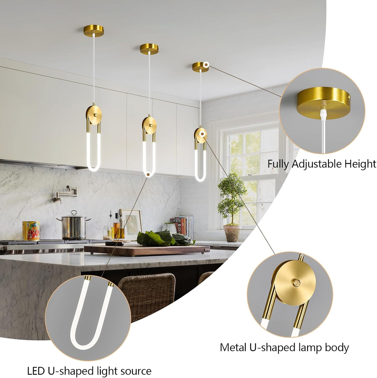 Modern Gold LED Pendant Light Fixture Oval Adjustable Pendant Lighting for Kitchen Island Living Room Dining Room Bedroom（2 Pack）