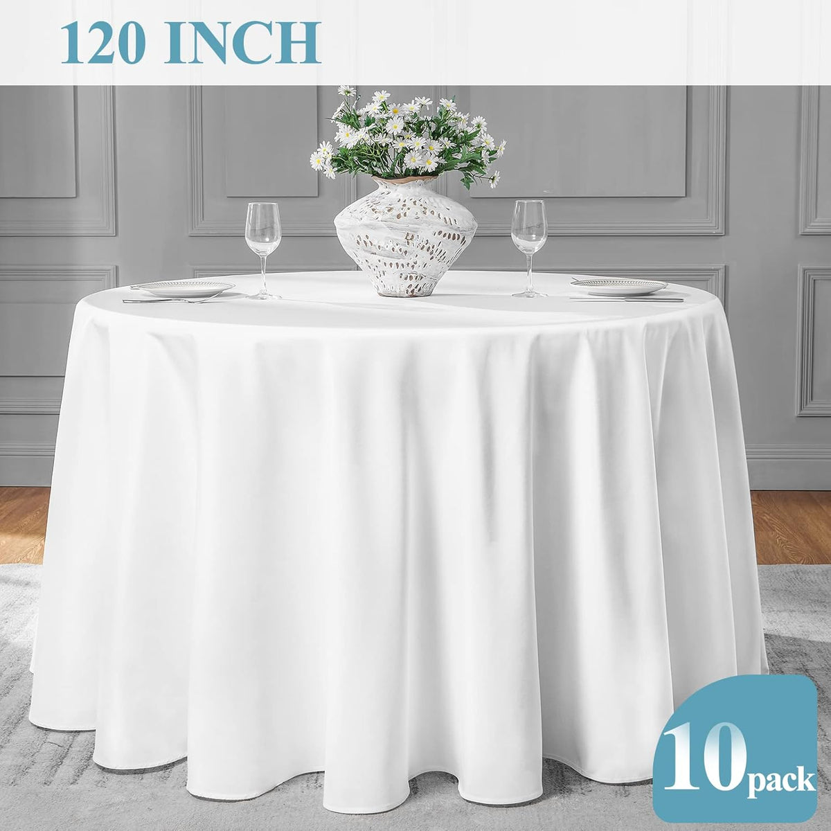 VidaFete 10 Pack 120inch Round Tablecloth Polyester Table Cloth, White