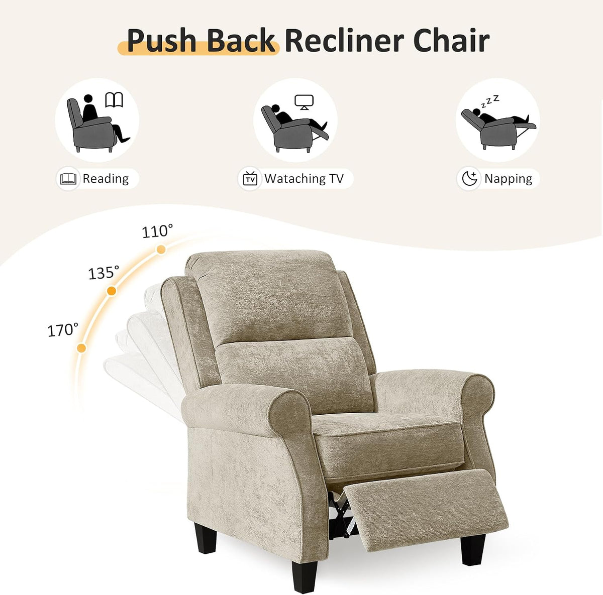 34.6" W Push Back Recliner Chair Set of 2, Chenille Camel