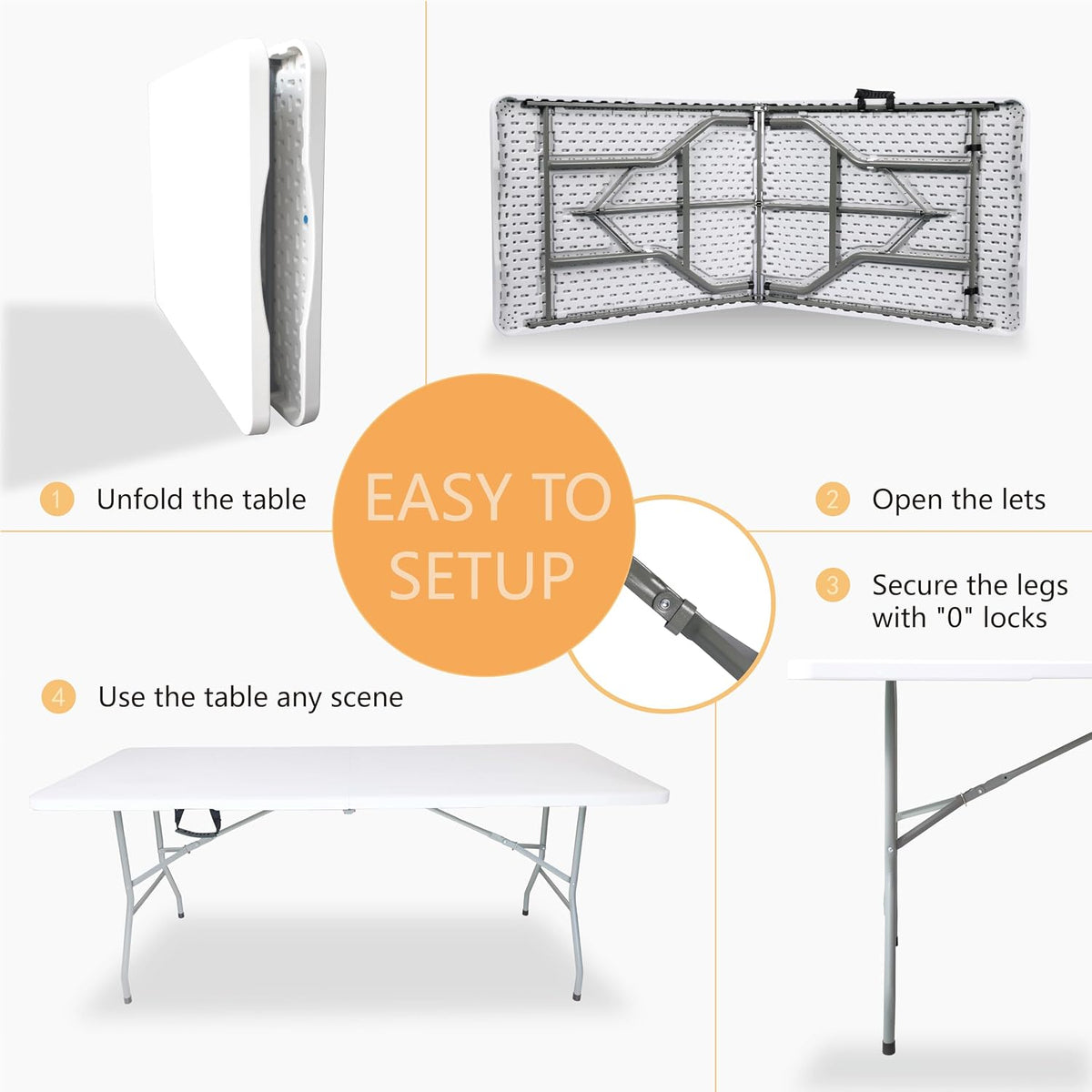Folding Table 6ft Foldable Table with Built in Handle & Steel Legs / 6FT Heavy Duty Folding Portable,Perfect for Party, Dining Indoor/Outdoor Events, Tailgating & Backyard BBQ,White