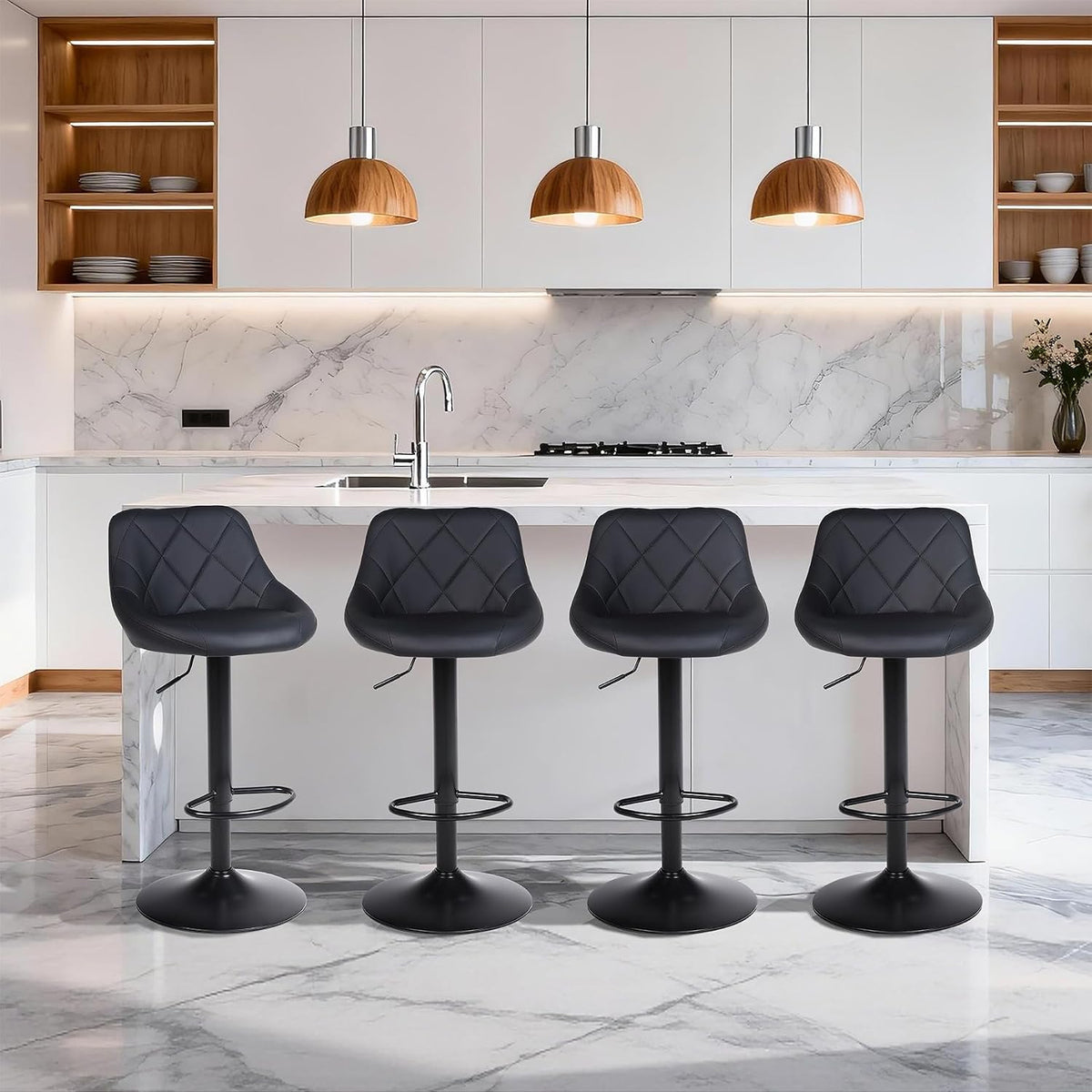Swivel Bar Stools Set 3, Adjustable Height, PU Leather, Black