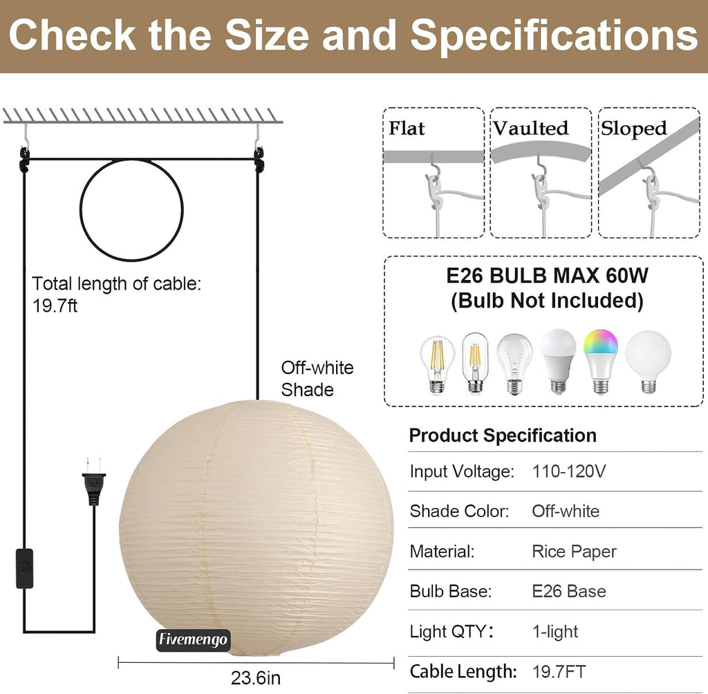 23.6in Paper Lanterns Plug in Hanging Lamp Off-White 19.7FT Cord