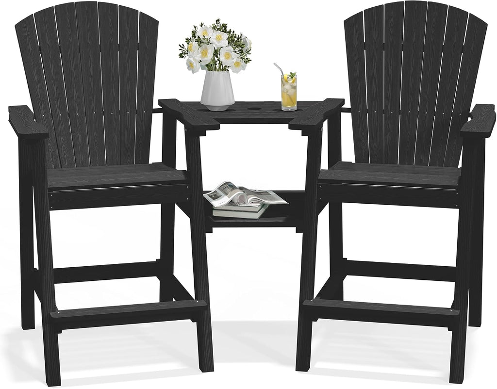 PLUUV Tall Adirondack Chairs Set of 2 with Double Connecting Trays, Black