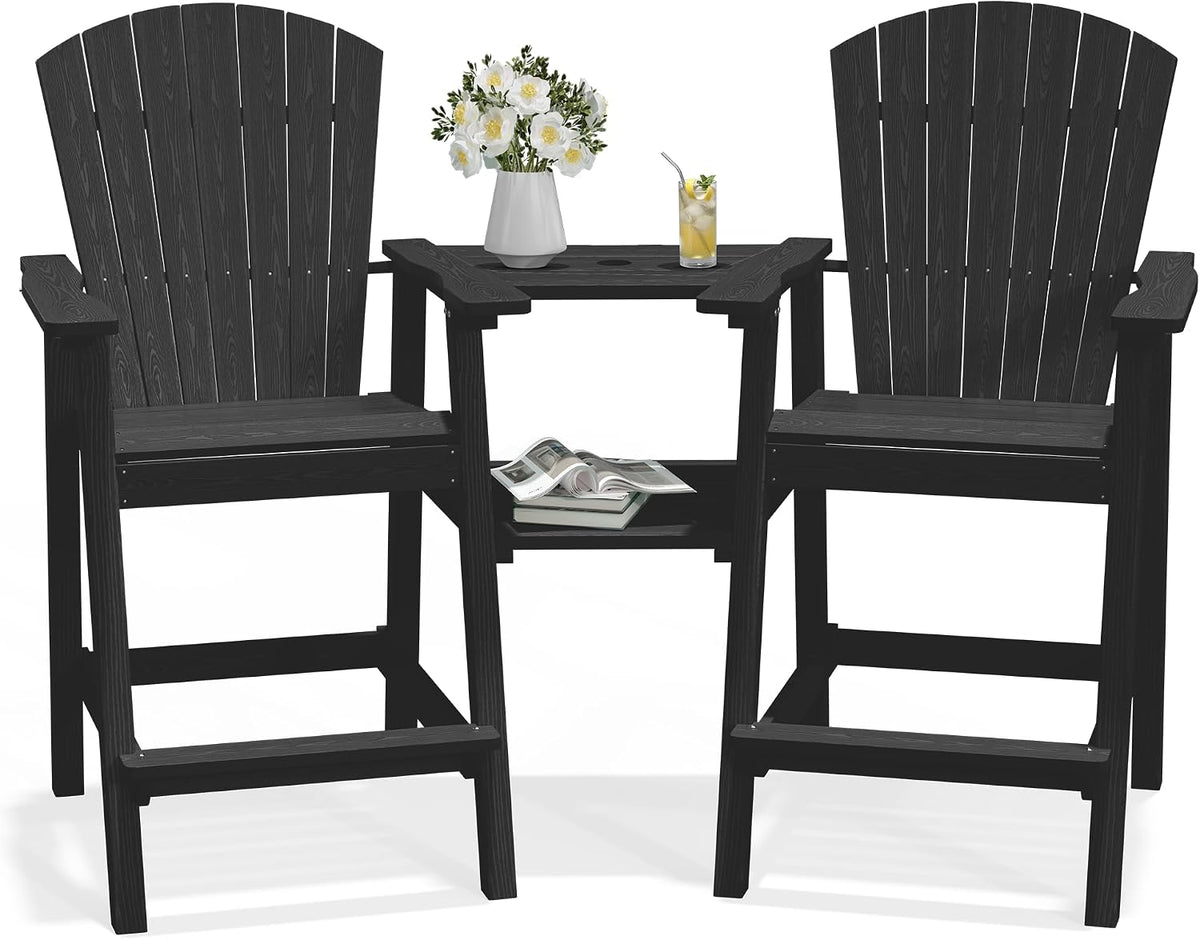 PLUUV Tall Adirondack Chairs Set of 2 with Double Connecting Trays, Black