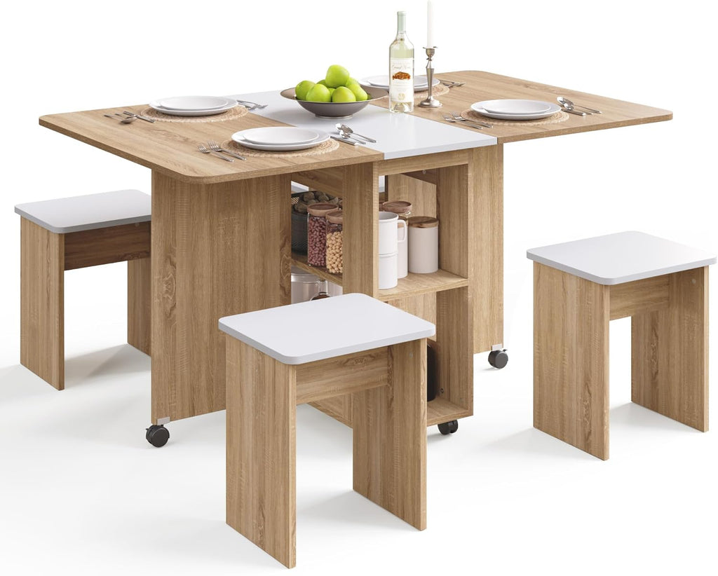 Mondeer Folding Dining Table with 4 Chairs for Small Spaces, Natural Wood