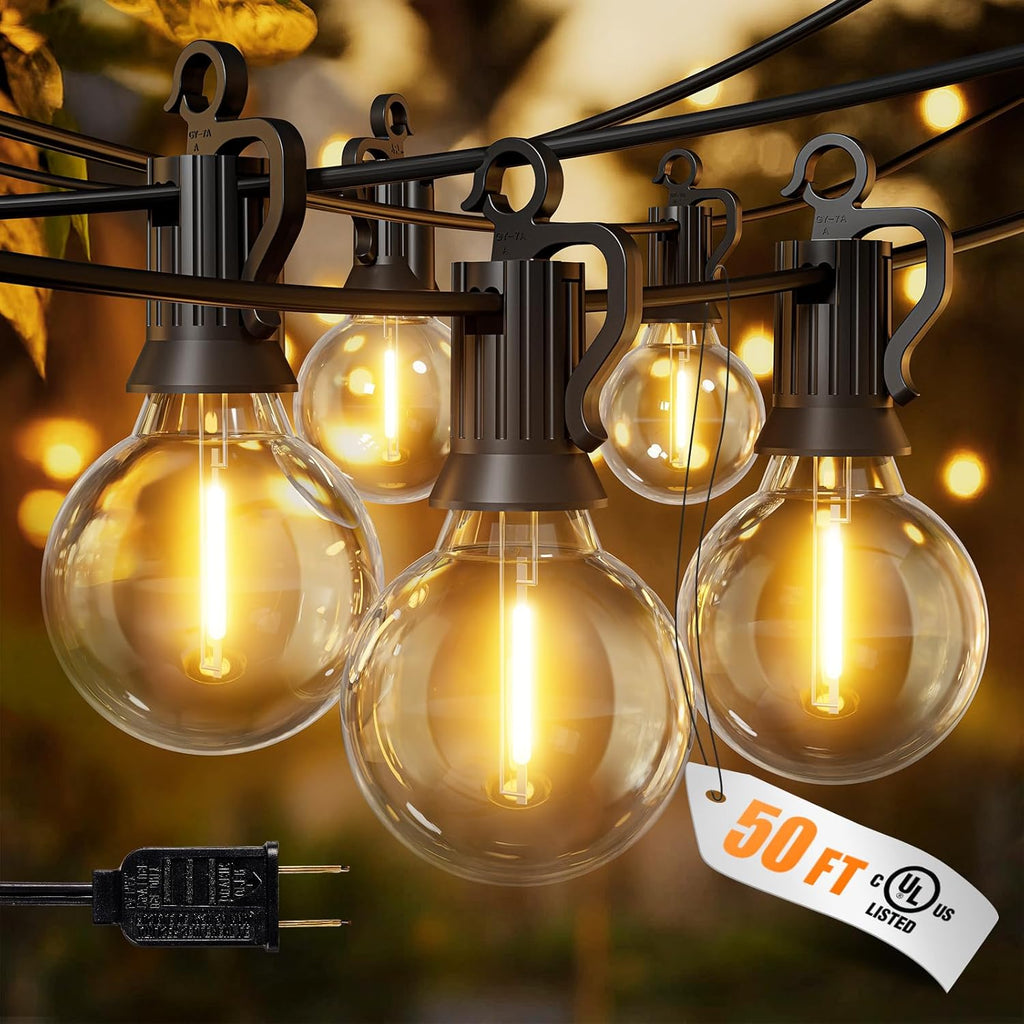 Outdoor String Lights, 50FT 52 LED Bulbs Connectable Patio Lights (2 Spare)