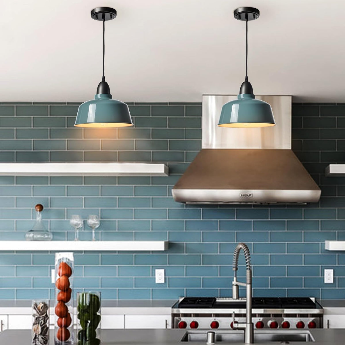 modern farmhouse blue pendant light, macaron dome shown in use