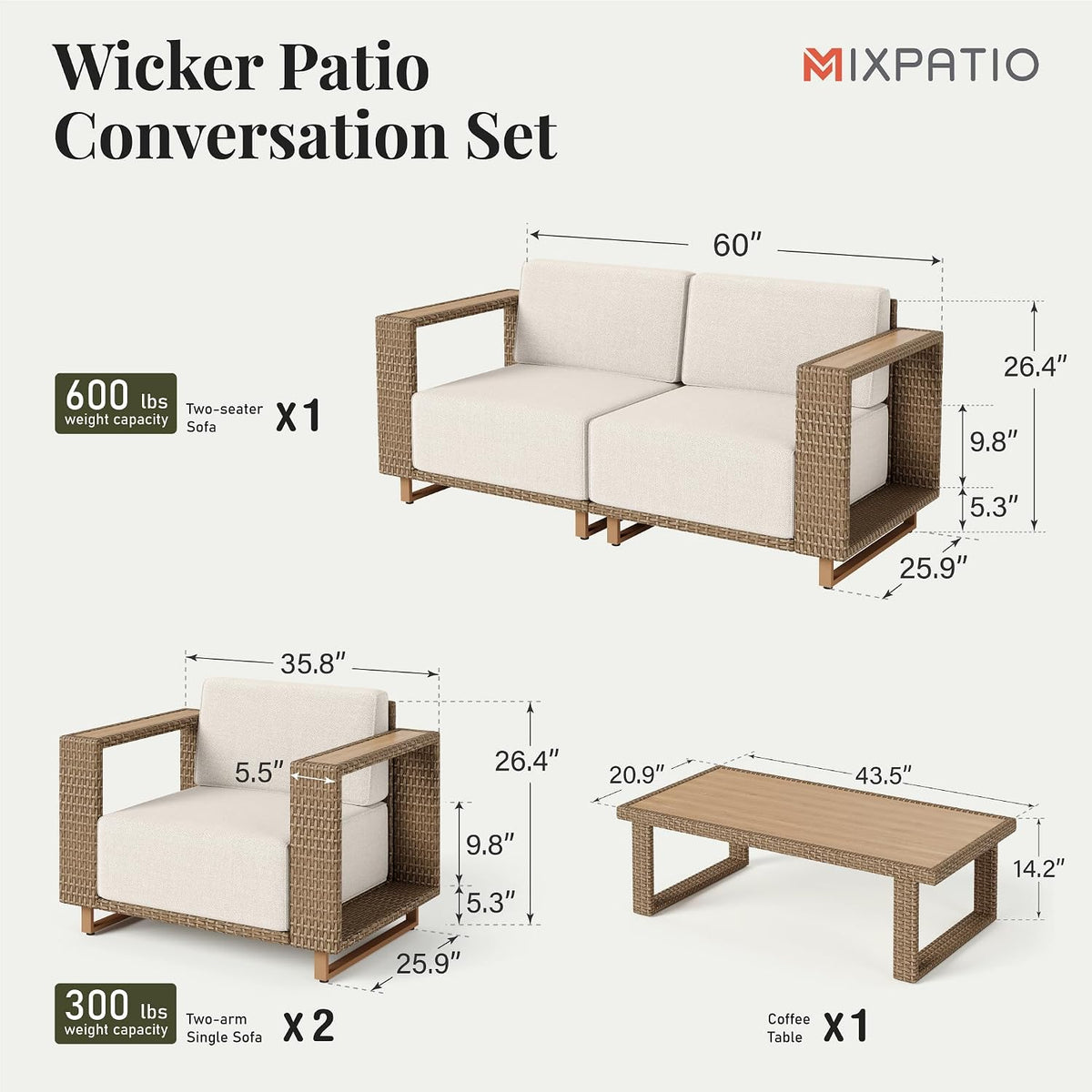 MIXPATIO Patio Furniture Set, 4 Piece Outdoor Wicker Sofa Couch