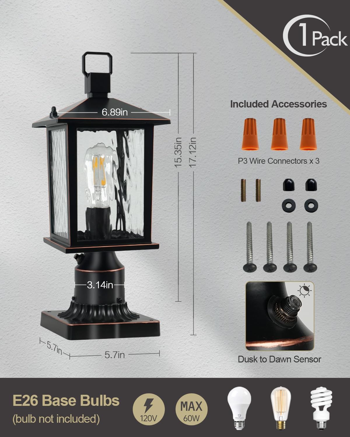 Dusk to Dawn Outdoor Post Light, Oil-Rubbed Bronze Pole Lantern