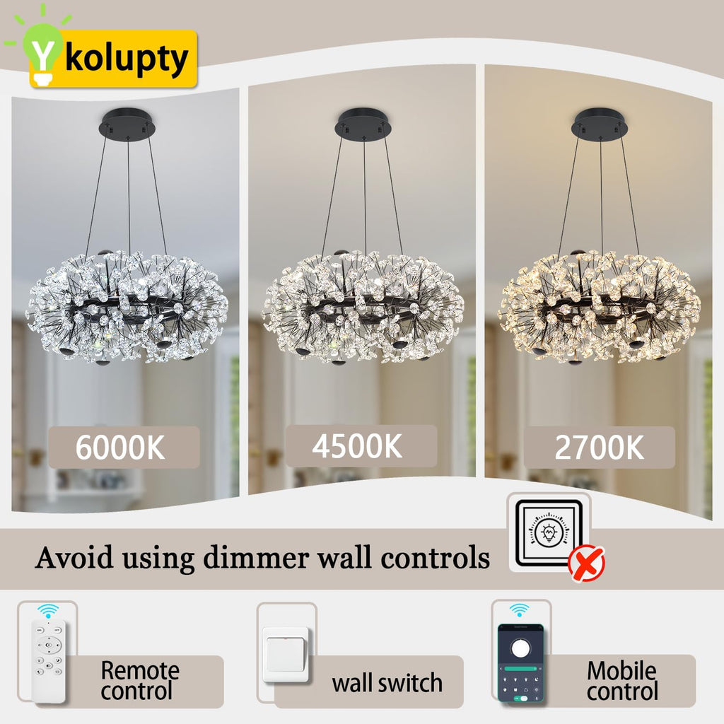 ykolupty 8-Light Dandelion Black Chandelier for Dining Room, Sputnik Pendant Light Fixture with Remote Control, 24 inches Modern Crystal Chandelier Living Room, Kitchen, Restaurant