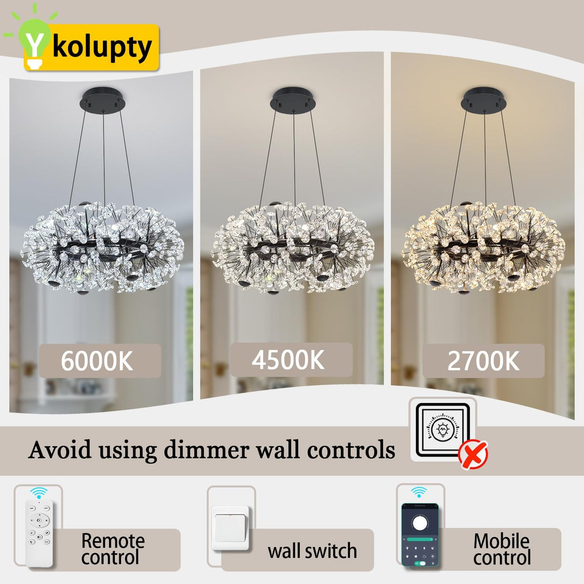 ykolupty 8-Light Dandelion Black Chandelier for Dining Room, Sputnik Pendant Light Fixture with Remote Control, 24 inches Modern Crystal Chandelier Living Room, Kitchen, Restaurant