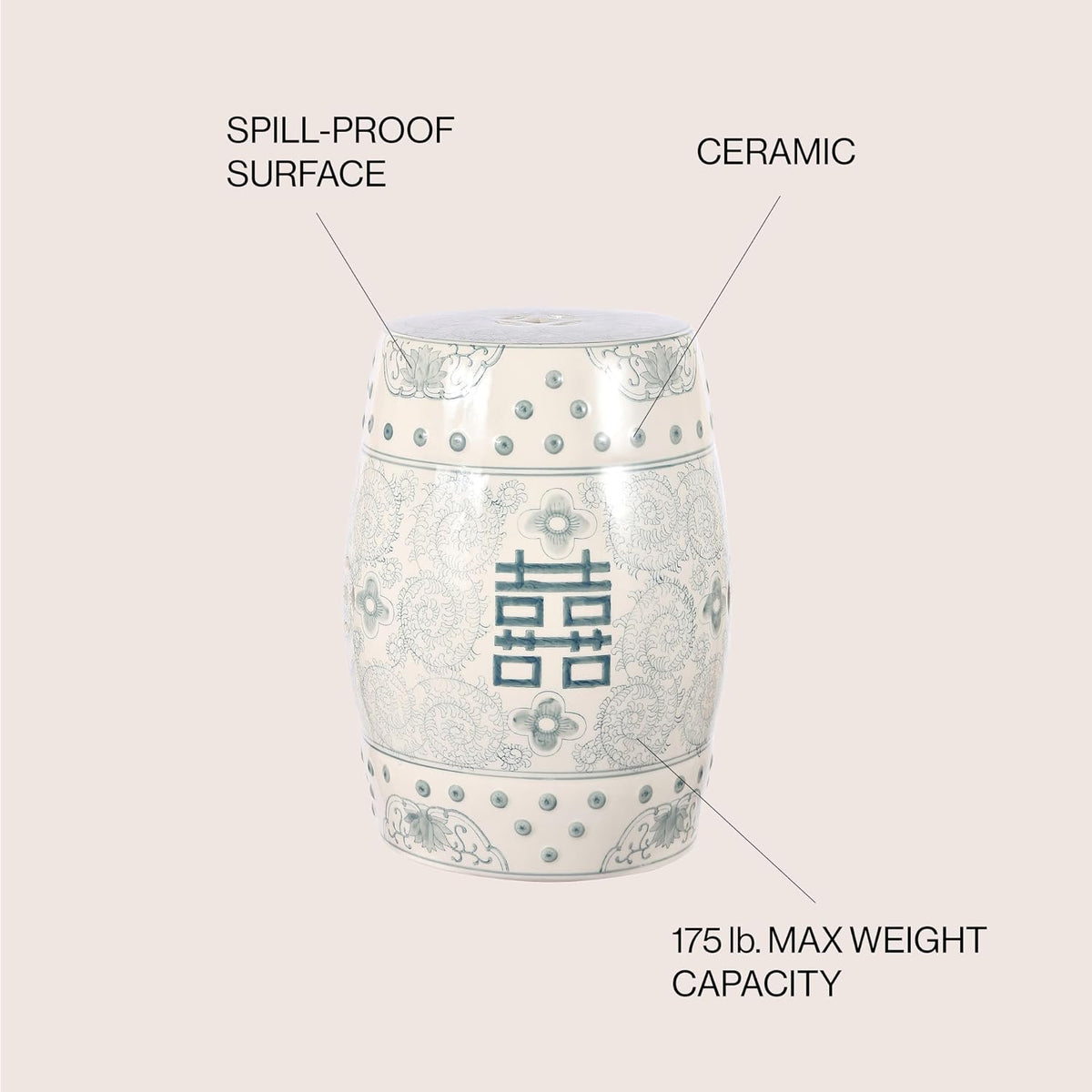 JONATHAN Y Double Happiness Ceramic Garden Stool 18" Table, Gray Blue/White