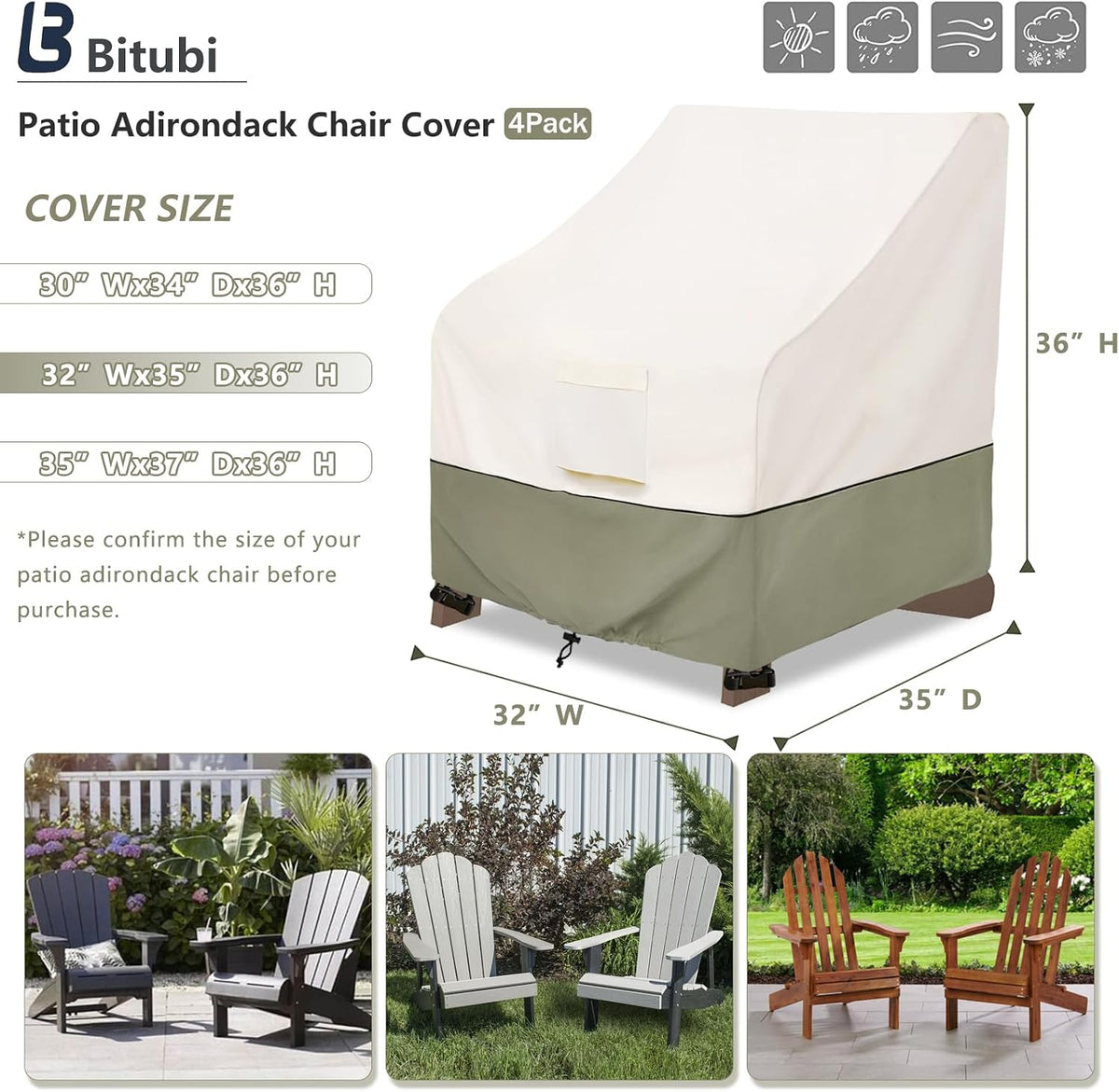 Bitubi Waterproof 4 Pack Patio Adirondack Chair Cover for Outdoor Chair Size Up to 32W x 35D x 36H inch,Outdoor Lawn Patio Furniture Covers (Beige)