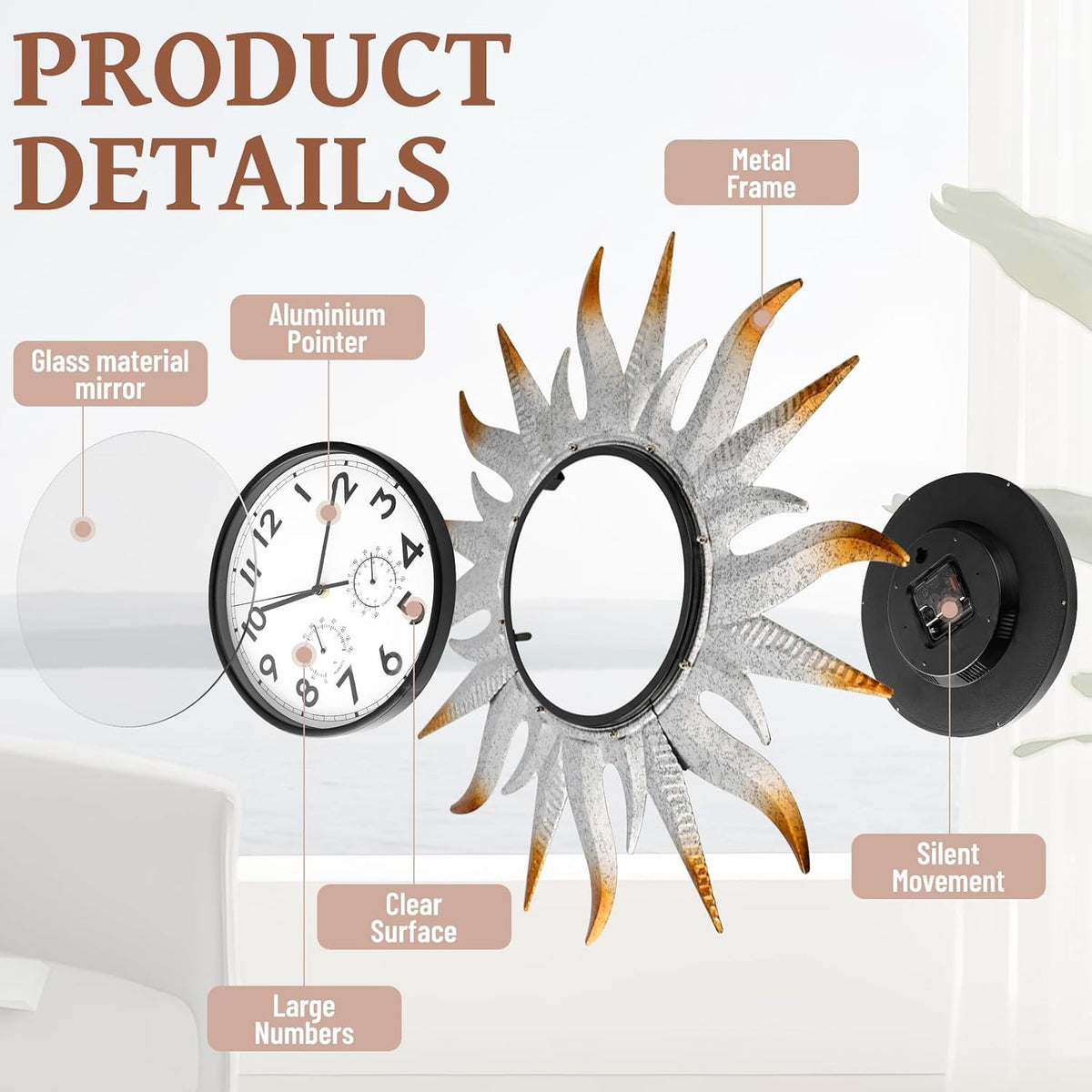 25-Inch Sun-Shaped Outdoor Clock and Thermometer Set, 10-Inch Dial, Battery Powered, Waterproof, Silent Quartz Movement (Silver)