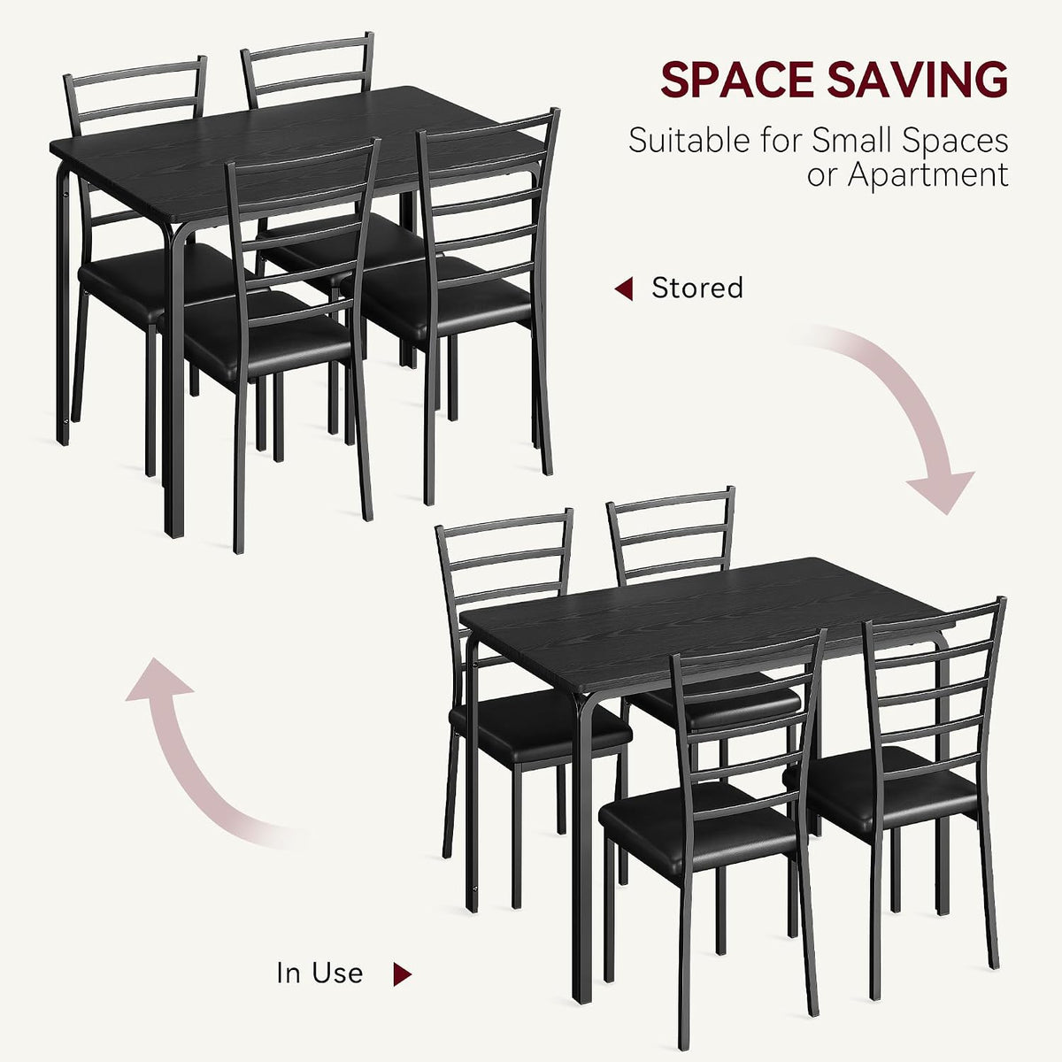 GarveeHome 5-Piece Kitchen Dining Room Table Chair Set for Small Space, Indoor Modern Dinette Set for 4, Square Dinner Table Set for Dinette (Black, Dining Table with 4 Chairs)