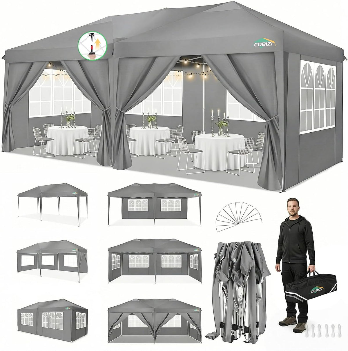 COBIZI 10x20 Pop Up Canopy with 6 Sidewalls, One Push Easy Setup, Gray