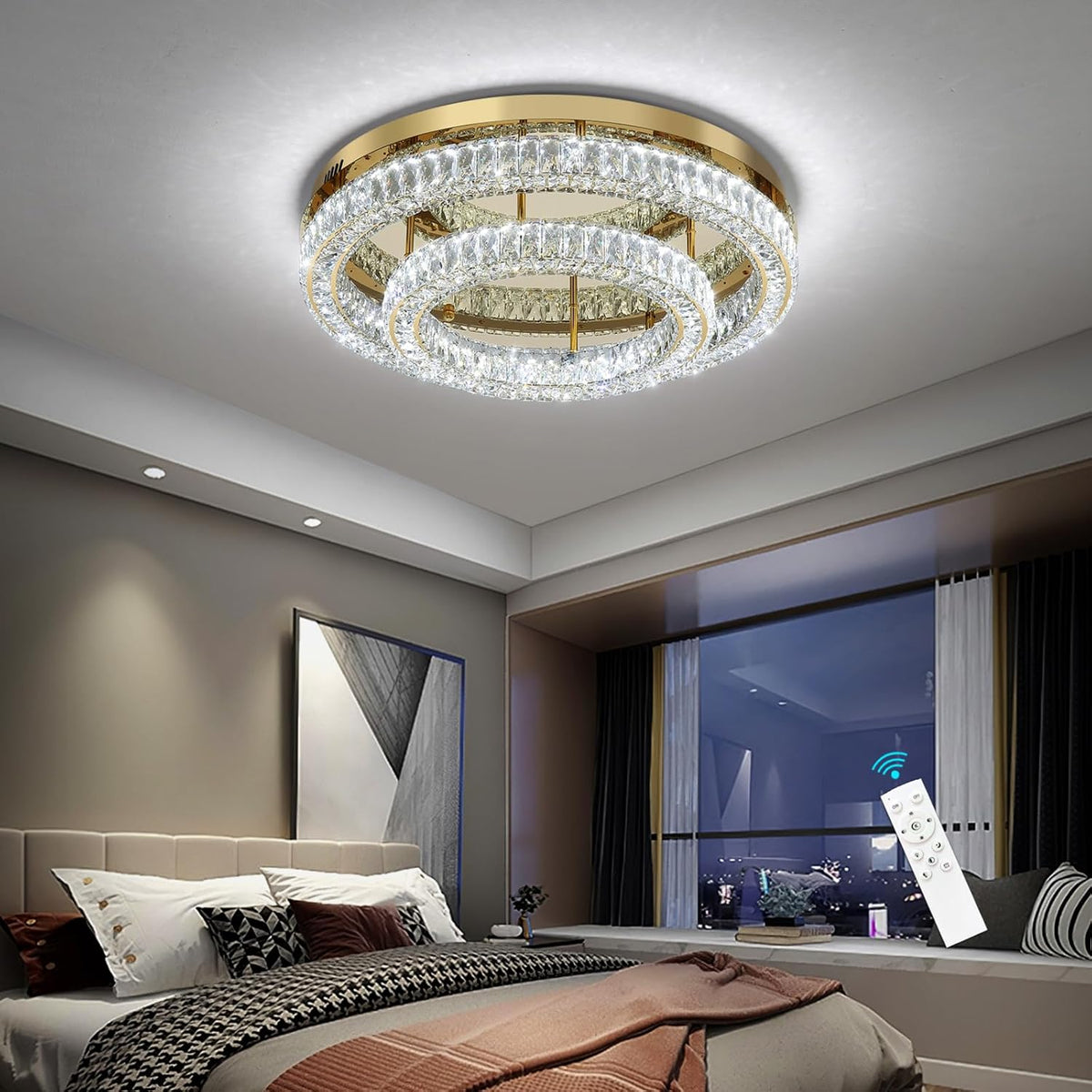24 Inch Modern Glam Crystal Chandelier with Dimmable LED Light Ceiling Light Fixtures for Bedroom Dining Room Gold Lamp