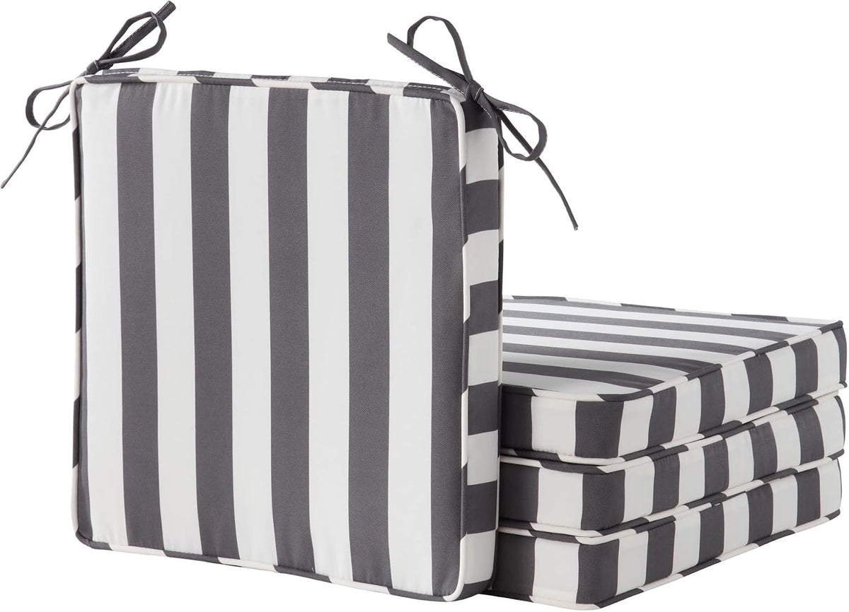 Outdoor 18 inch Square Patio Dining Chair Pads – Comfortable Fiber-Filled Seat Cushions with Ties, Reversible Polyester Fabric - Canopy Stripe Gray, Set of 4