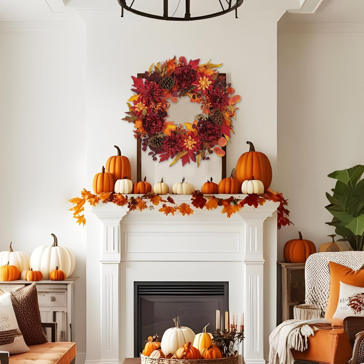24" Artificial Fall Floral Wreath for Front Door Autumn Wreath with Peony Dahlia Pine Cones for Halloween Thanksgiving Farmhouse Window Wall Décor