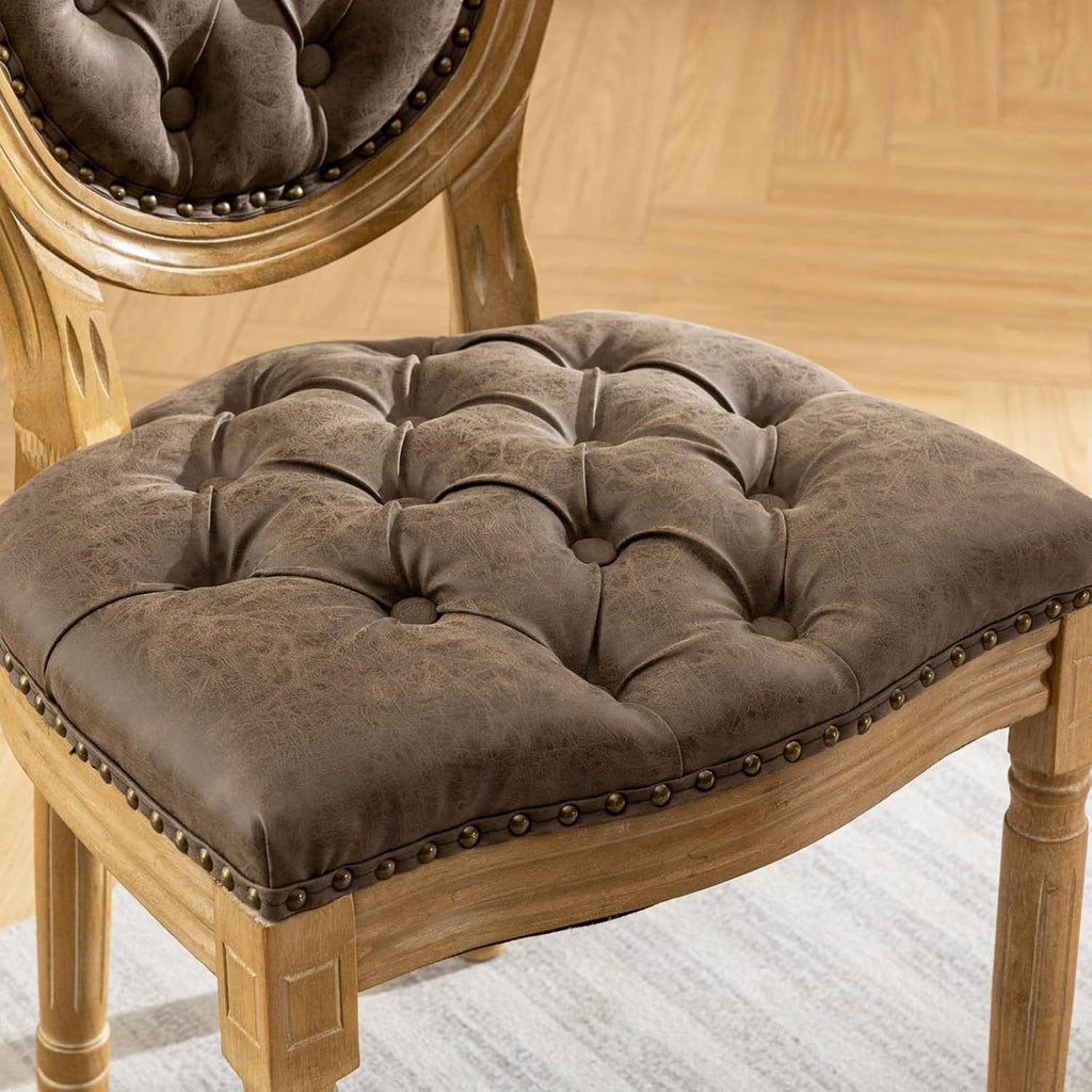 French Country Dining Chairs Set of 4,Upholstered PU Leather Chairs with Round Back,Solid Wood Legs,for Living Room, Kitchen, Restaurant,Brown