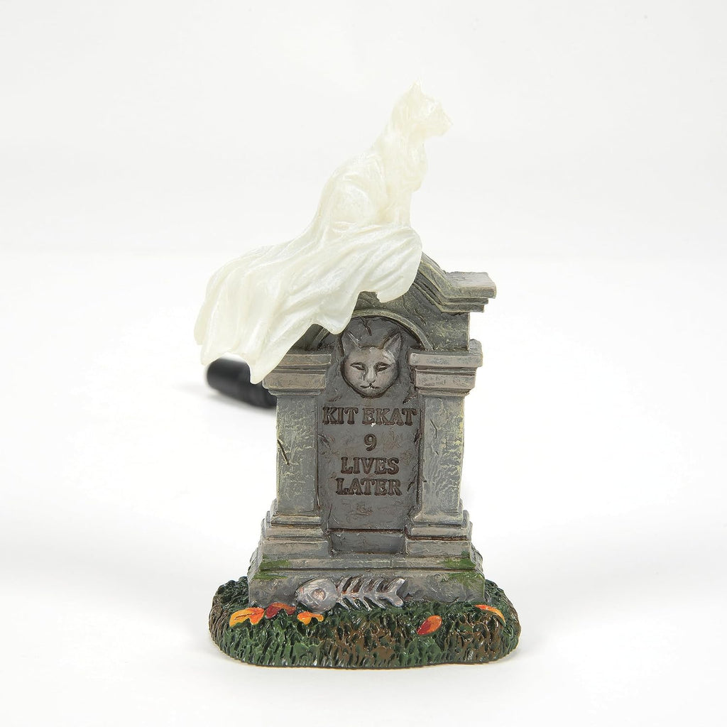 Department 56 Village Collection Accessories Halloween Kit E. Kat Cat Ghost on Tombstone Lit Figurine, 3.8 Inch, Multicolor