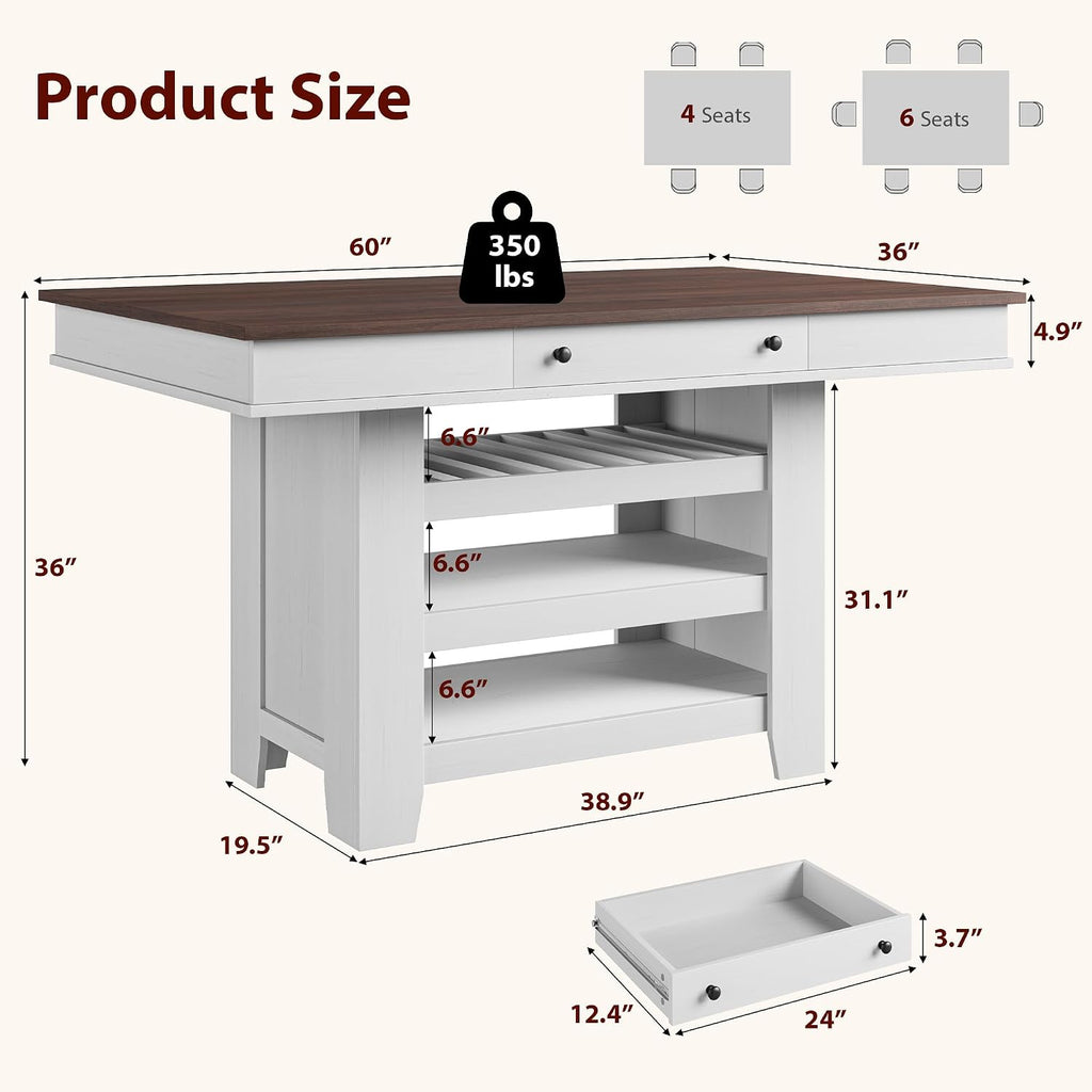 GAOMON 60" Counter Height Dining Table for 4-6, Farmhouse Rectangular Bar Height Kitchen Table & Thick Table Top, with Deepened Wine Rack & Shelves for Kitchen, Bar, Retro White & Brown