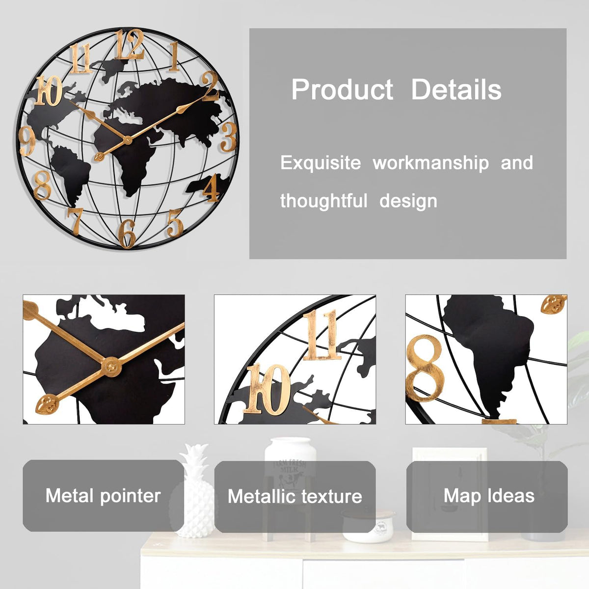 Large World Map Wall Clock Metal Minimalist Modern Round Silent Wall Decor