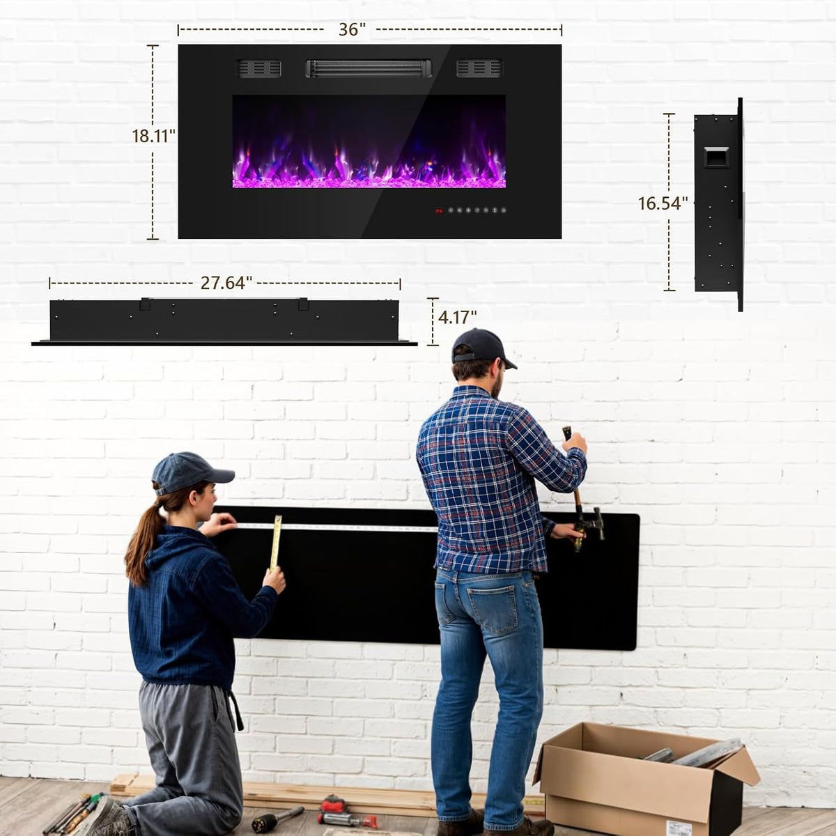 36 Inch Electric Fireplace with Crystal, Electric Fireplaces Insert, Wall Mounted/Recessed Fireplace with Remote Control, 12-Color Flame, Brightness & Speed