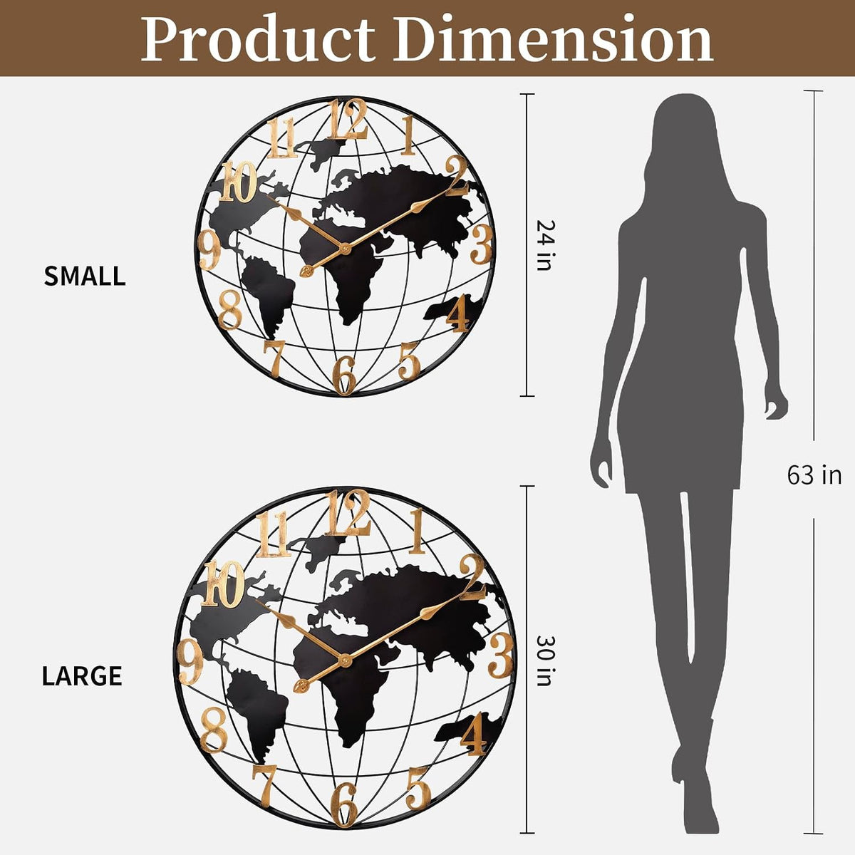 Large World Map Wall Clock Metal Minimalist Modern Round Silent Wall Decor