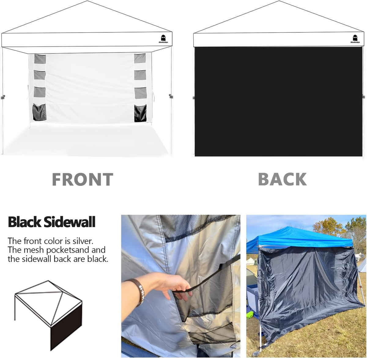 Sunshade Sidewall with Storage Net Bag for 10x10 Pop Up Canopy, Instant Waterproof Straight Leg Canopy Storage Function Sidewalls, 1 Pack Only (Spliceable, Black EVO)