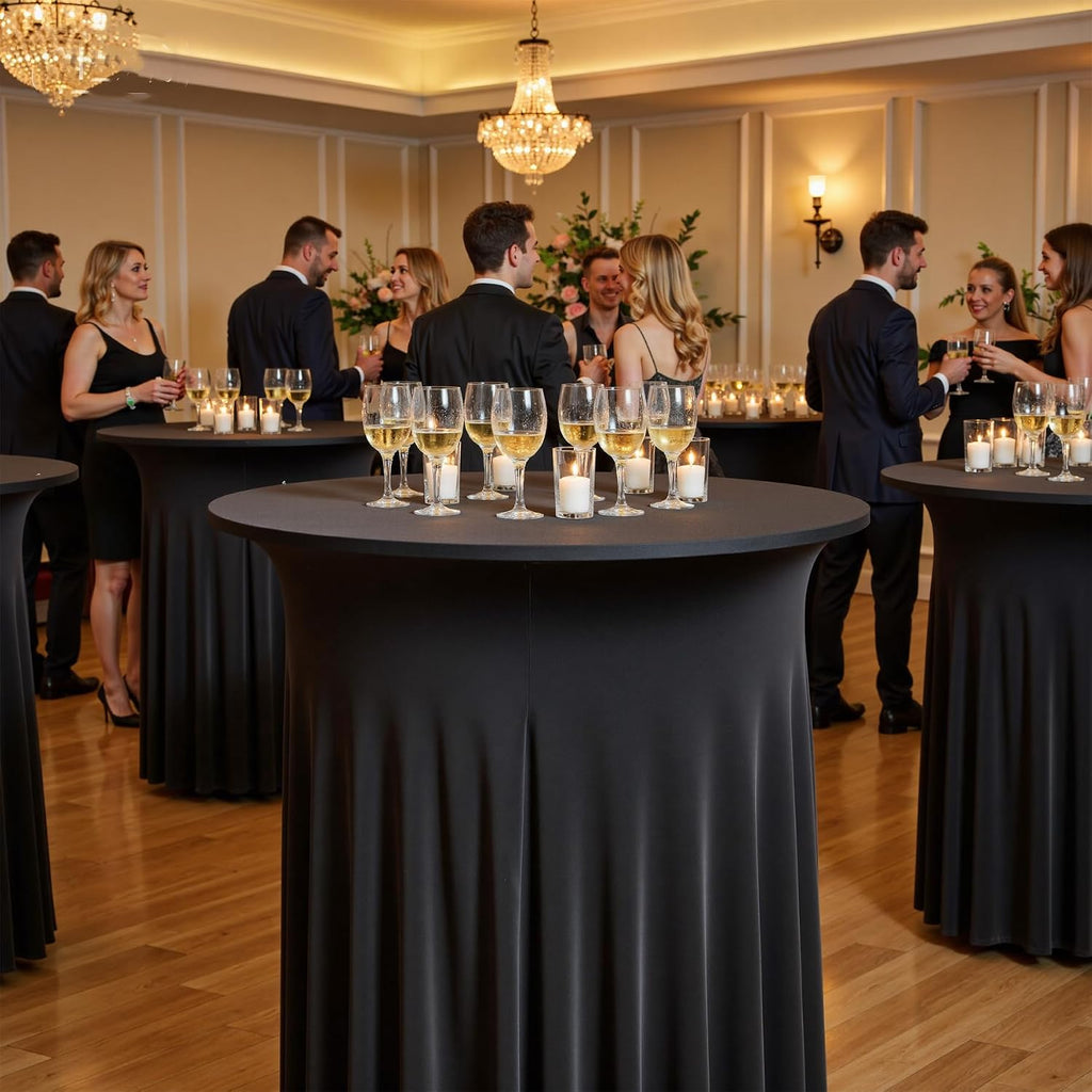 2 pk Black Cocktail Table Cloth Round 32×43in-High Top Highboy Bar Cocktail Tablecloths-Wrinkle Free Stretchy Fitted Spandex Table Covers with Ruffle Desk Skirt for Wedding Banquet Party Tables