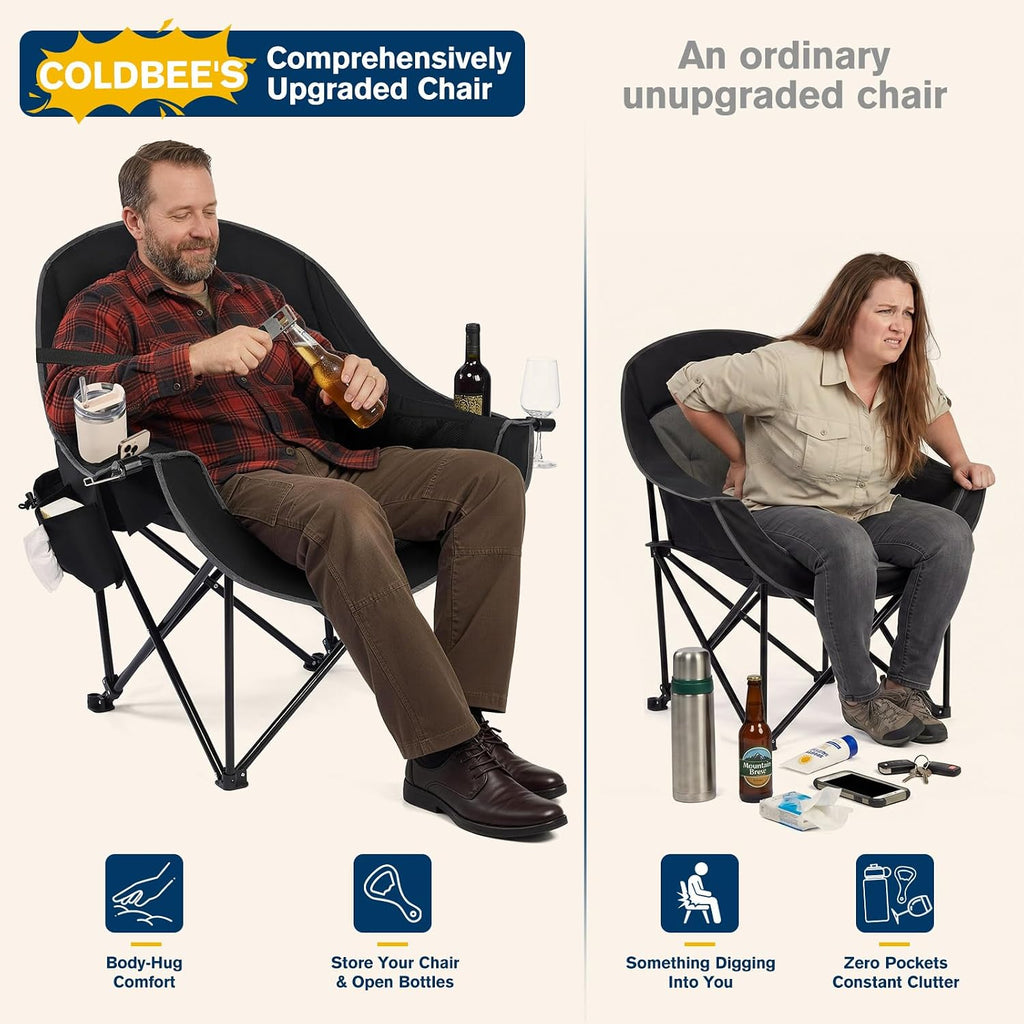 Coldbee Oversized Camping Chairs, Heavy Duty Padded, Thick Headrest, Black