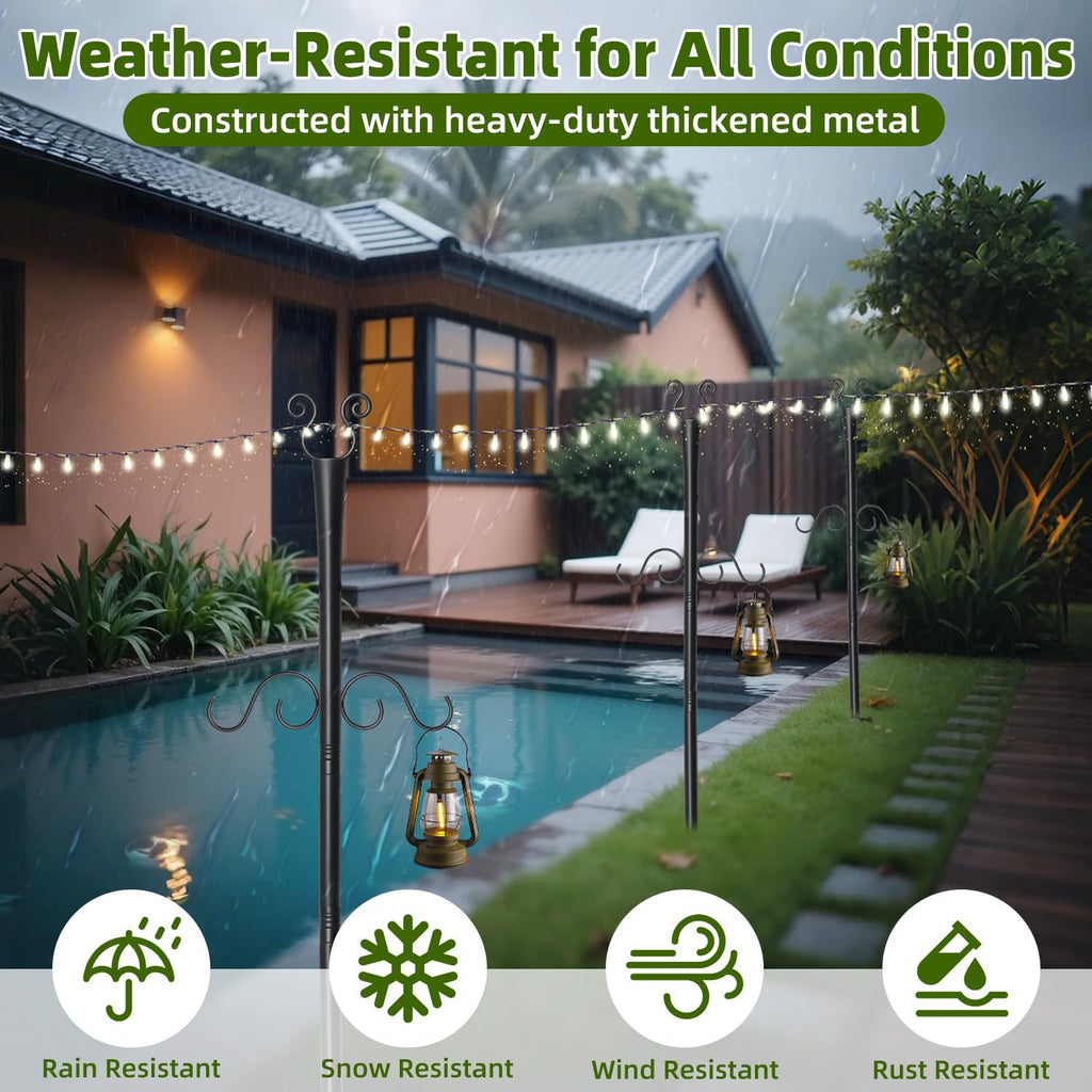 2 Pack Outdoor Patio Light Poles for String Lights, 10Ft Heavy Duty Metal String Light Poles with Shepherds Hooks for Hanging Plant & Bird Feeder, Deck Pole for Outdoor Strings Lights