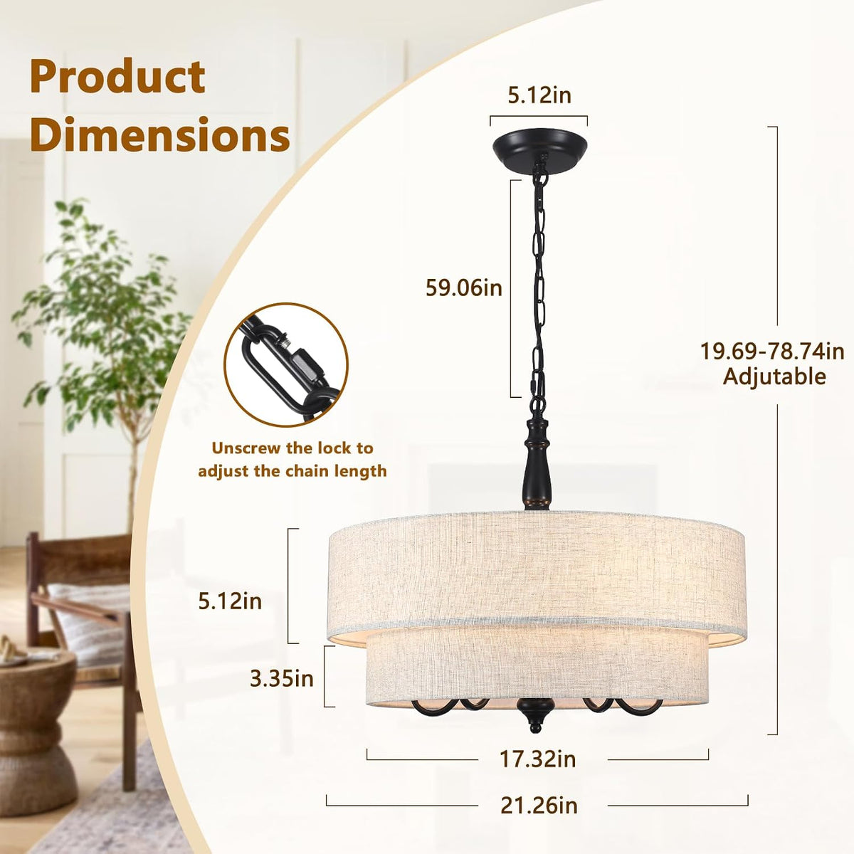 21.25" modern farmhouse drum chandelier, 5-light matte black, package contents