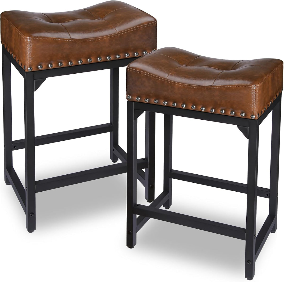 Bar Stools Set of 2, Counter Height Bar Stools for Kitchen Counter, 24 Inch Saddle Barstools Kitchen Stools, Counter Height Stools for Bar, Kitchen, Island-Brown