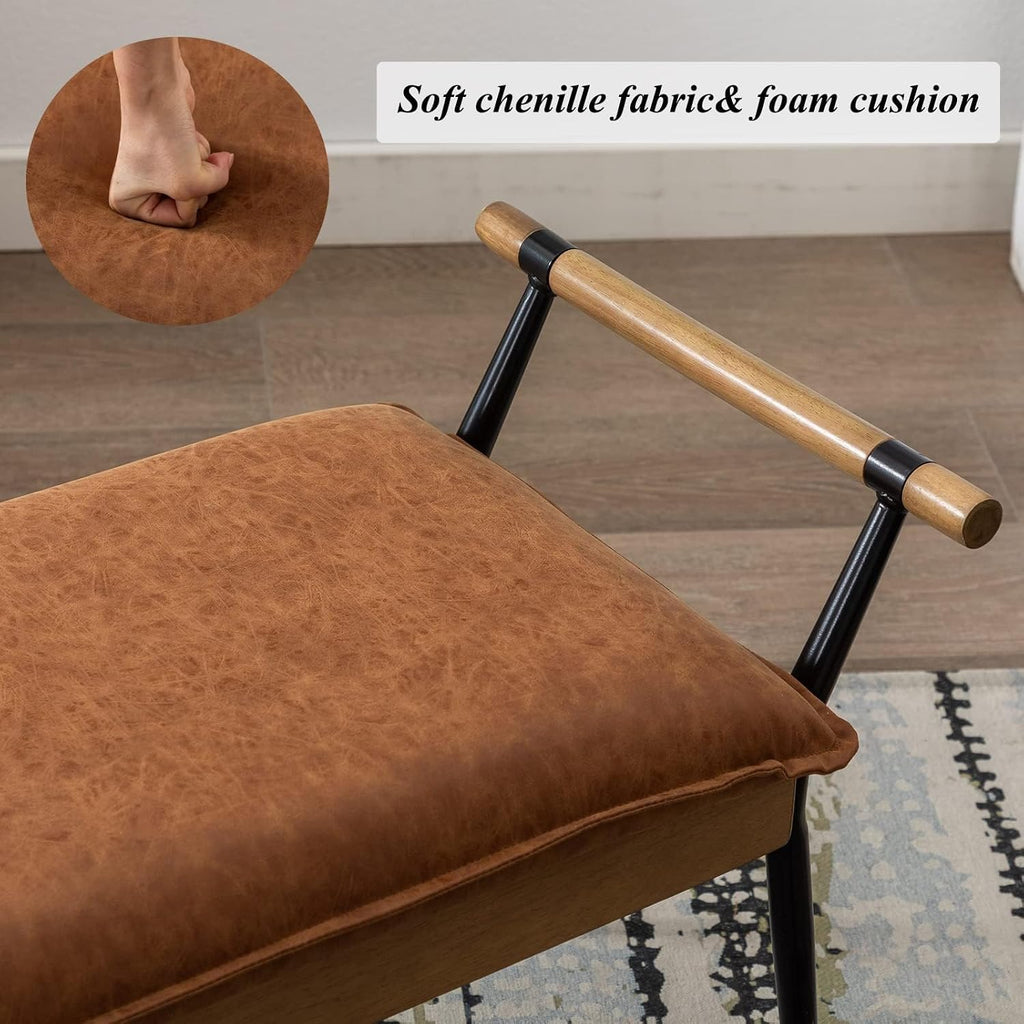 DUOMAY Modern PU Ottoman Bench with Arms & Metal Legs, Brown