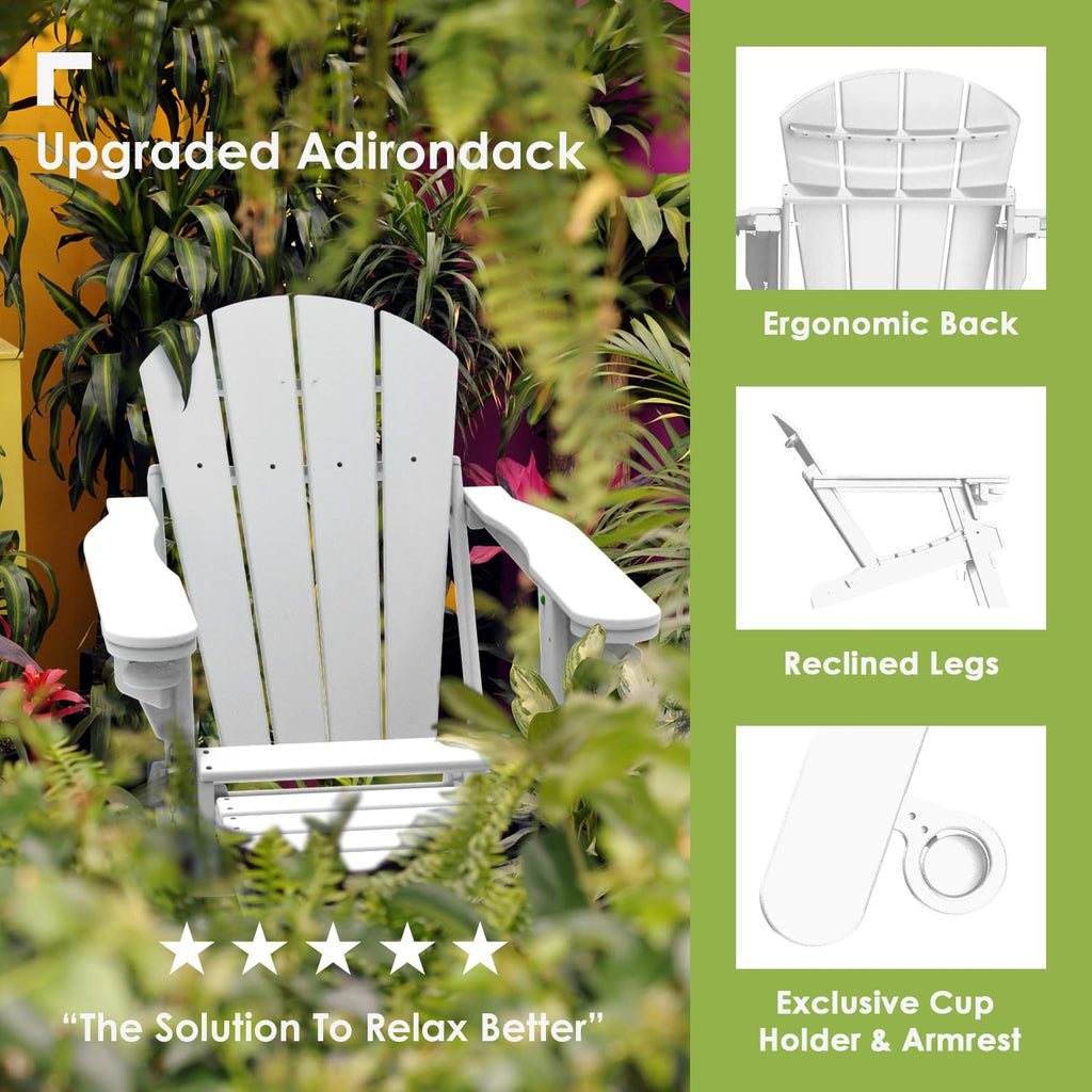 GREENVINES Folding Adirondack-Chairs-with-Ottoman Set of 2, HDPE, White