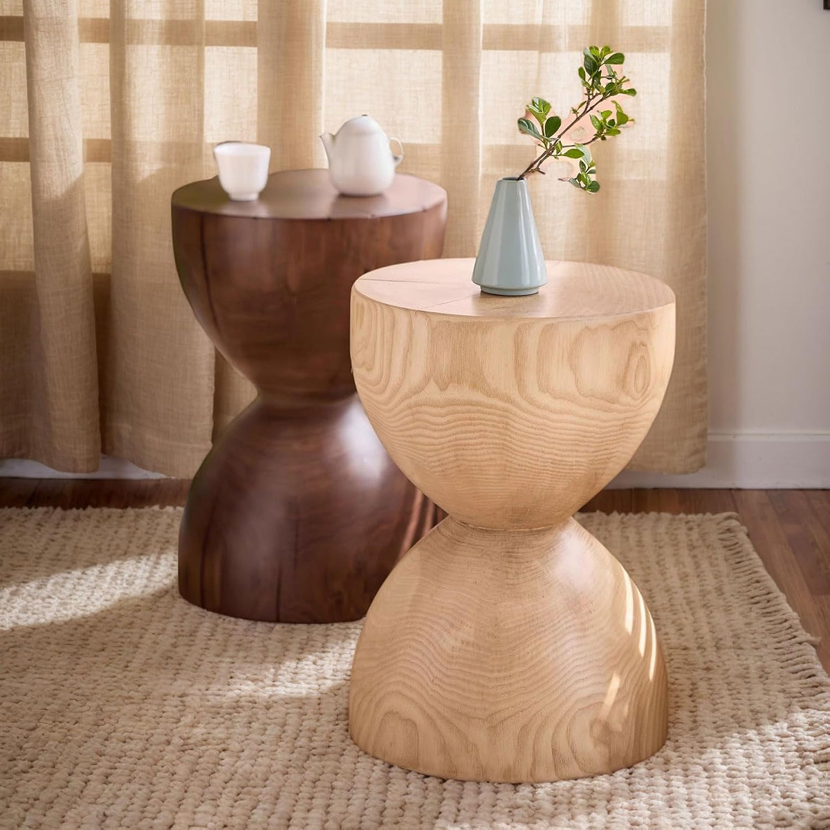 Natural Wooden Pillar Side Table – Round tree Wood Drum-Shaped Coffee Table