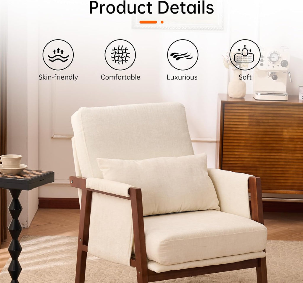 Accent Chair Mid-Century Modern Chair with Lumbar Support Pillow, Upholstered Living Room Chairs with Wooden, Chenille Armchair with Cushion, Comfy Side Chair for Bedroom, Balcony, Beige