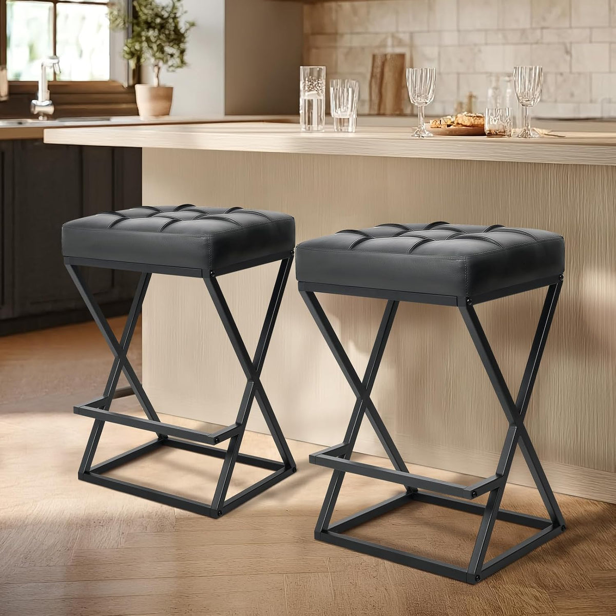 Bar Stools Set of 2, 26 Inch Counter Height Stool Faux Leather Black